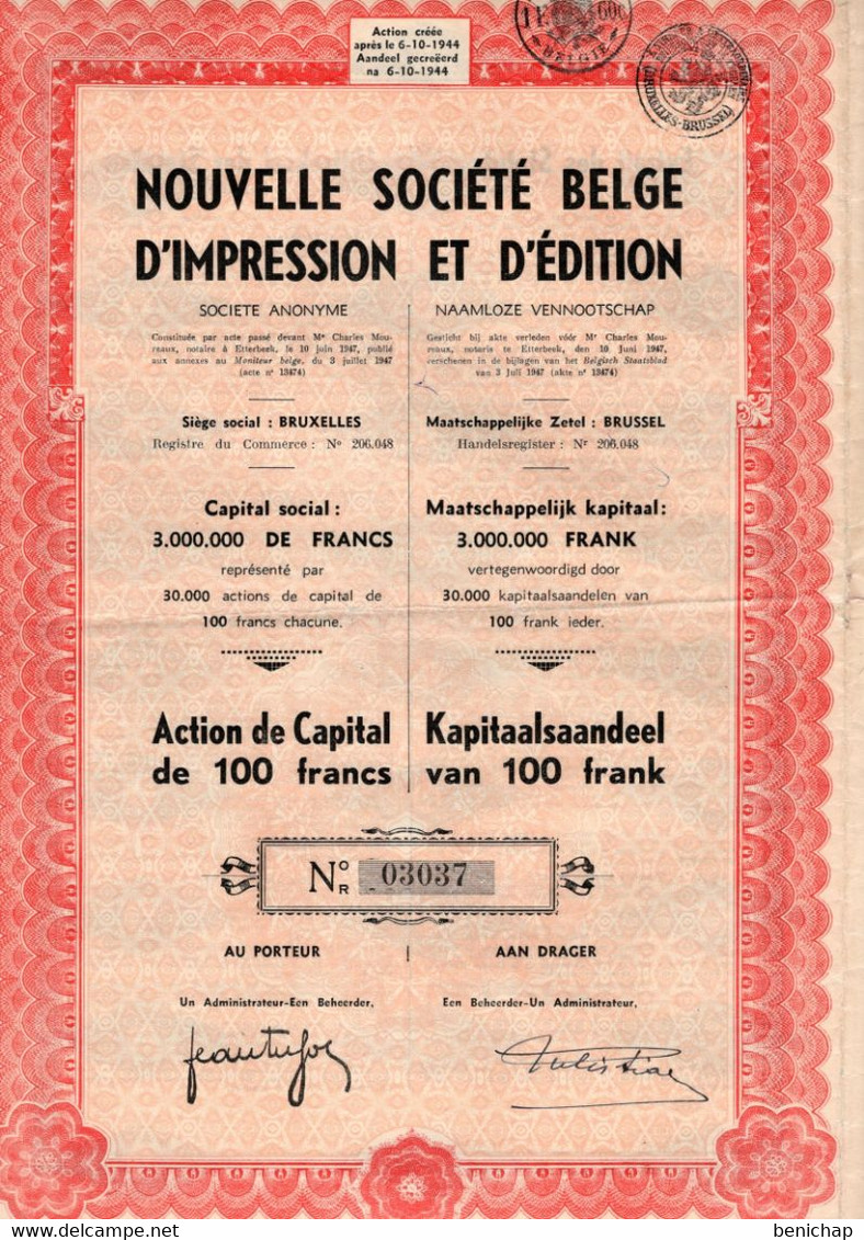 Action De Capital De 100  Frcs Au Porteur - Nouvelle Socièté Belge D'Impression Et D'Edition S.A. - Bruxelles 1947. - Industrie