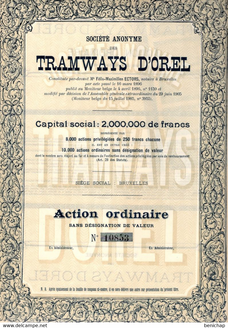 Action Ordinaire Sans Désignation De Valeur - S.A. Des Tramways D'Orel - Russie -  Bruxelles 1905. - Chemin De Fer & Tramway