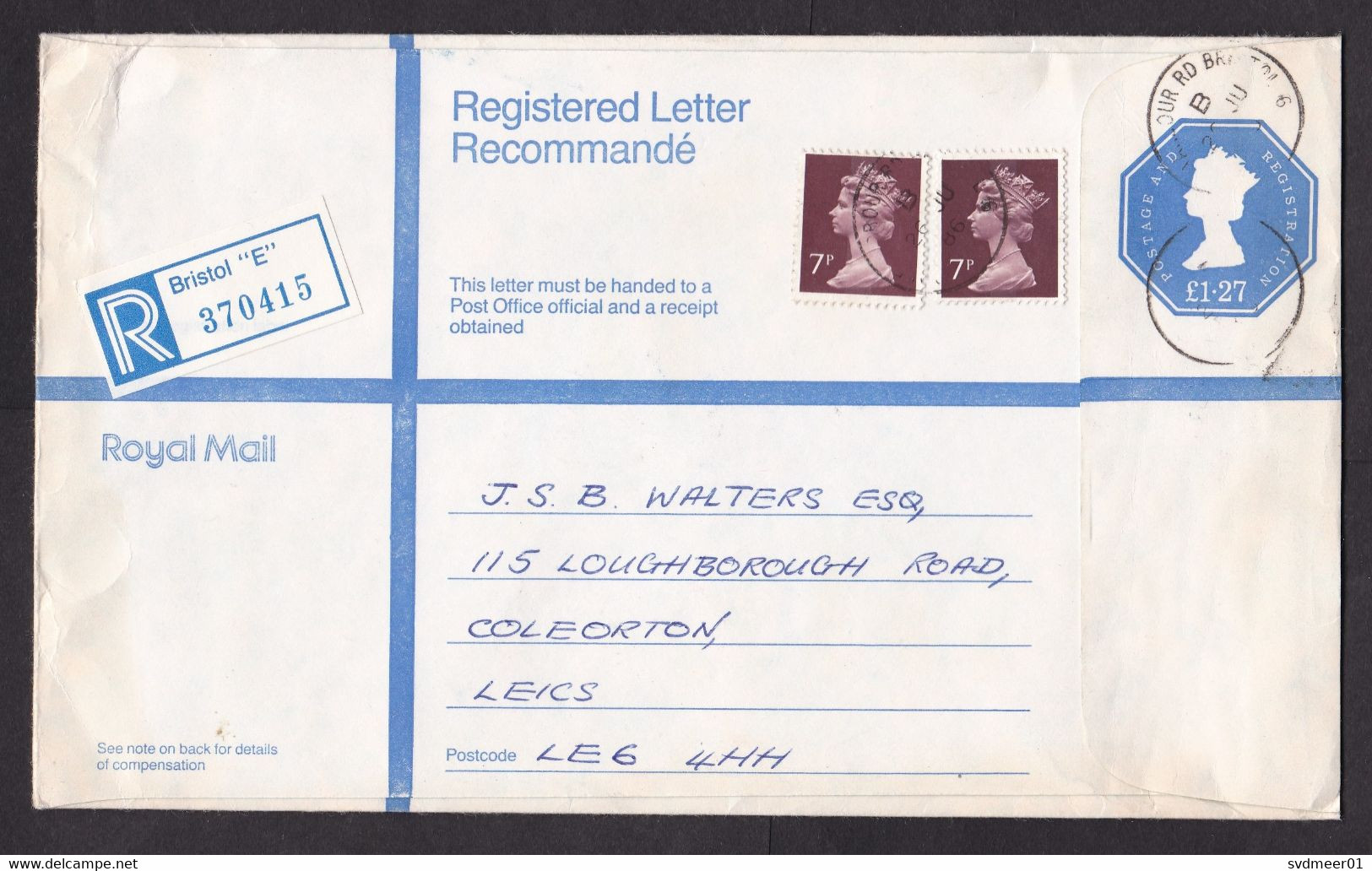 UK: Registered Stationery Cover, 1986, 2 Extra Stamps, Machin, 127 + 14 Rate, R-label Bristol E (minor Damage) - Zonder Classificatie