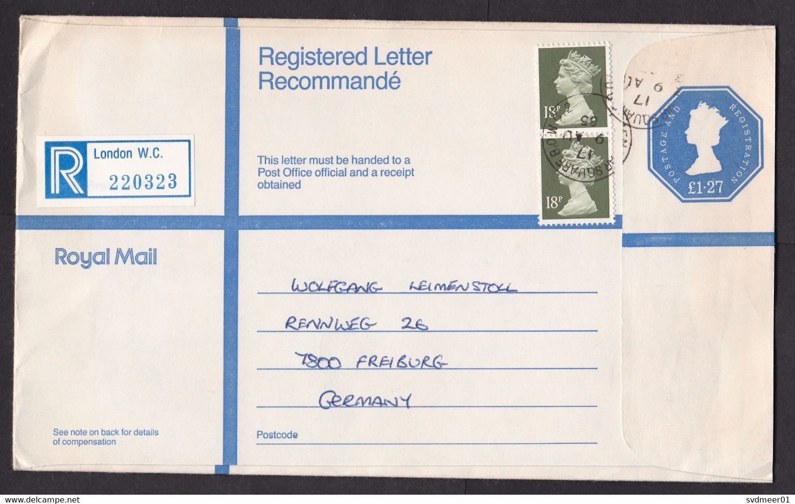 UK: Registered Stationery Cover To Germany, 1985, 2 Extra Stamps, Machin, 127 + 36 Rate, R-label London (minor Crease) - Unclassified