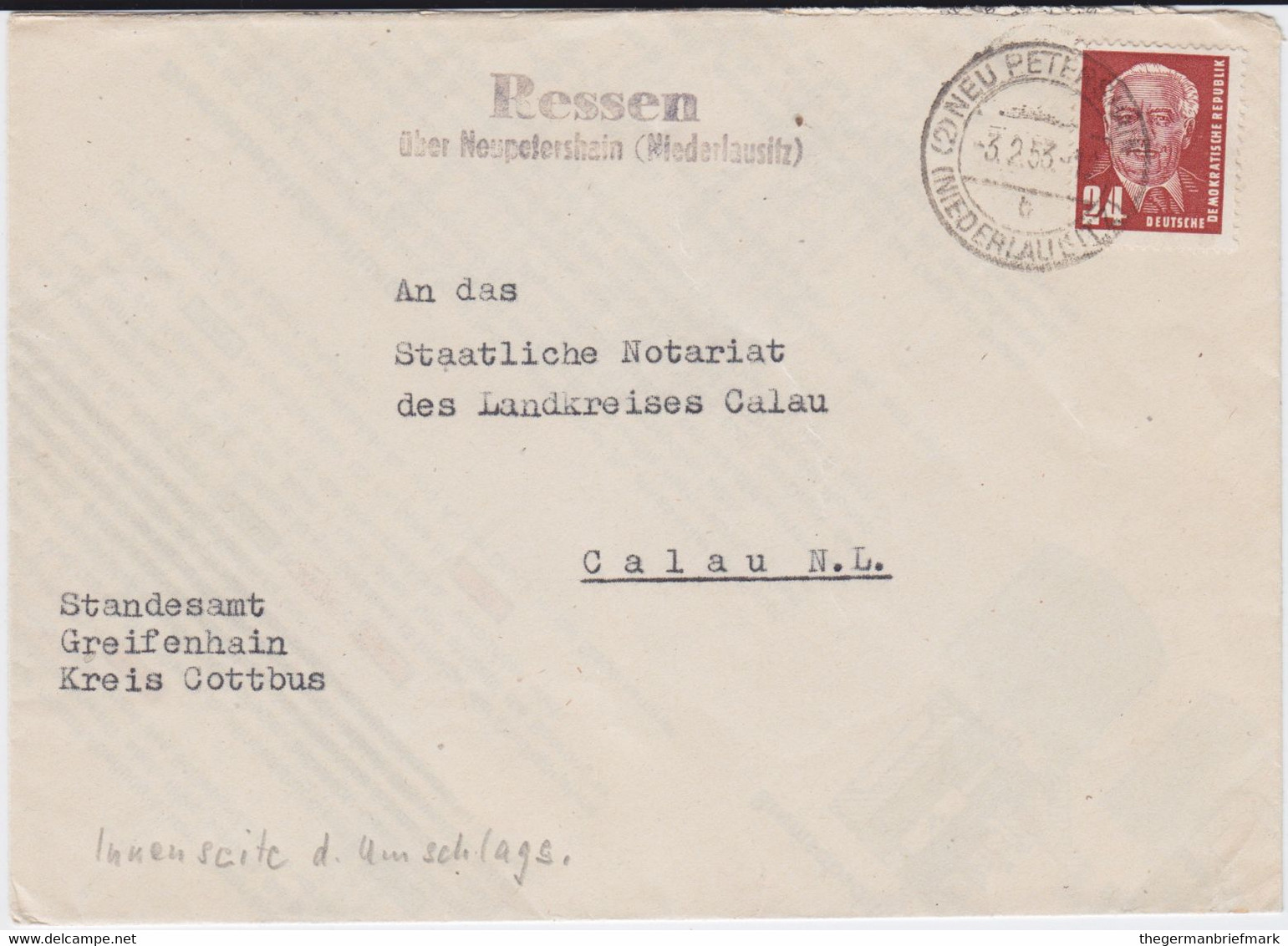DDR Pieck Mi 324 Landpost Stempel Ressen ü Neupetershain Niederlausitz Bf 1953 - Brieven En Documenten