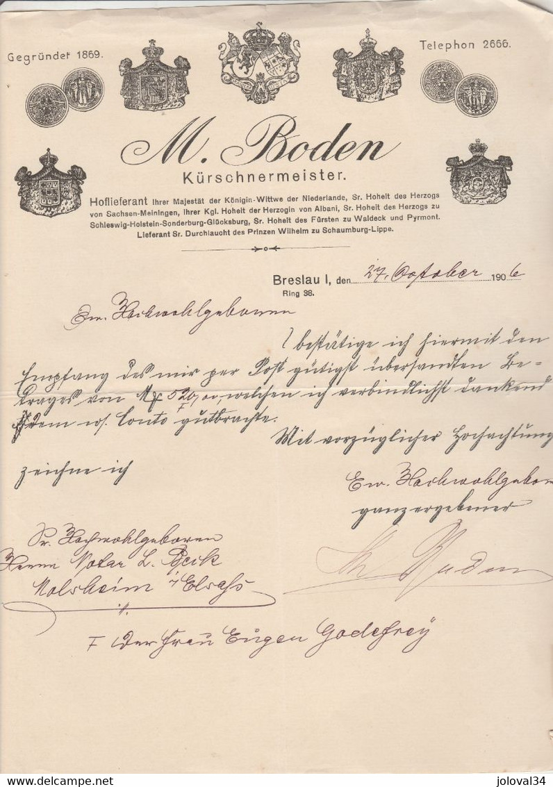 Lettre Illustrée 27/10/1906 M BODEN Kürschnermeister BRESLAU Allemagne Bord Droit Abimé - 1900 – 1949