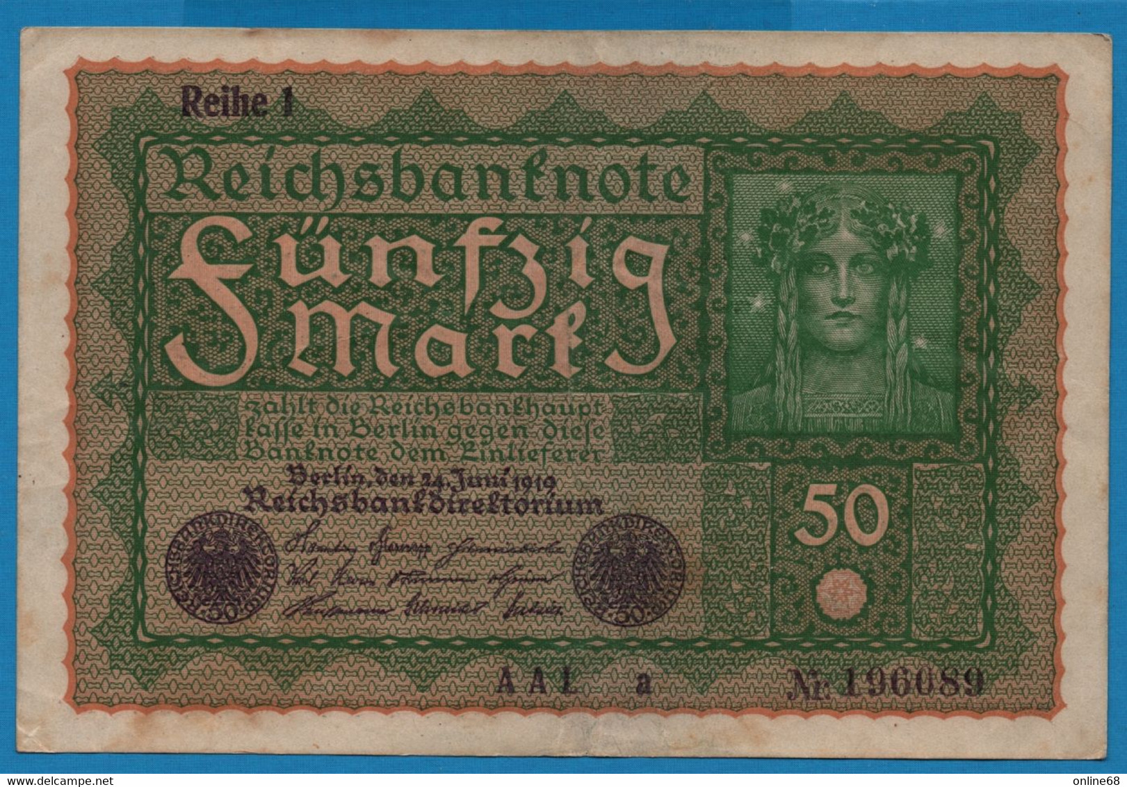 DEUTSCHES REICH 50 Mark  24.06.1919 Série AAL A # 196089 P# 66 Reihe 1 - 50 Mark