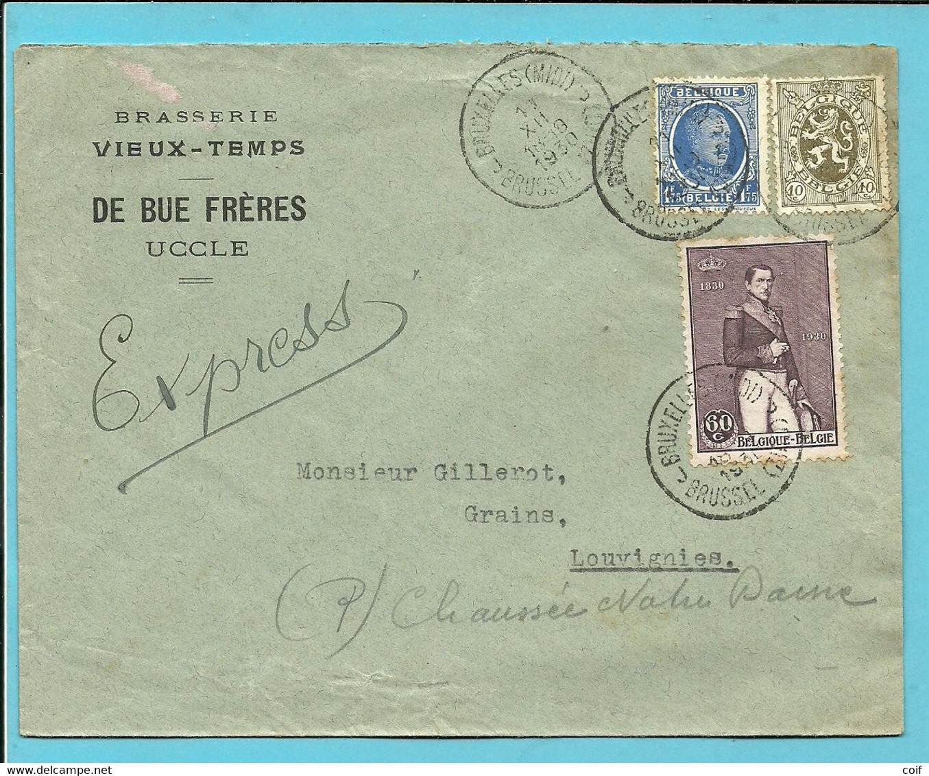 257+280+302 Op Brief Per EXPRES Met Stempel BRUXELLES, Hoofding BRASSERIE VIEUX-TEMPS / DE BUE FRERES UCCLE - 1922-1927 Houyoux