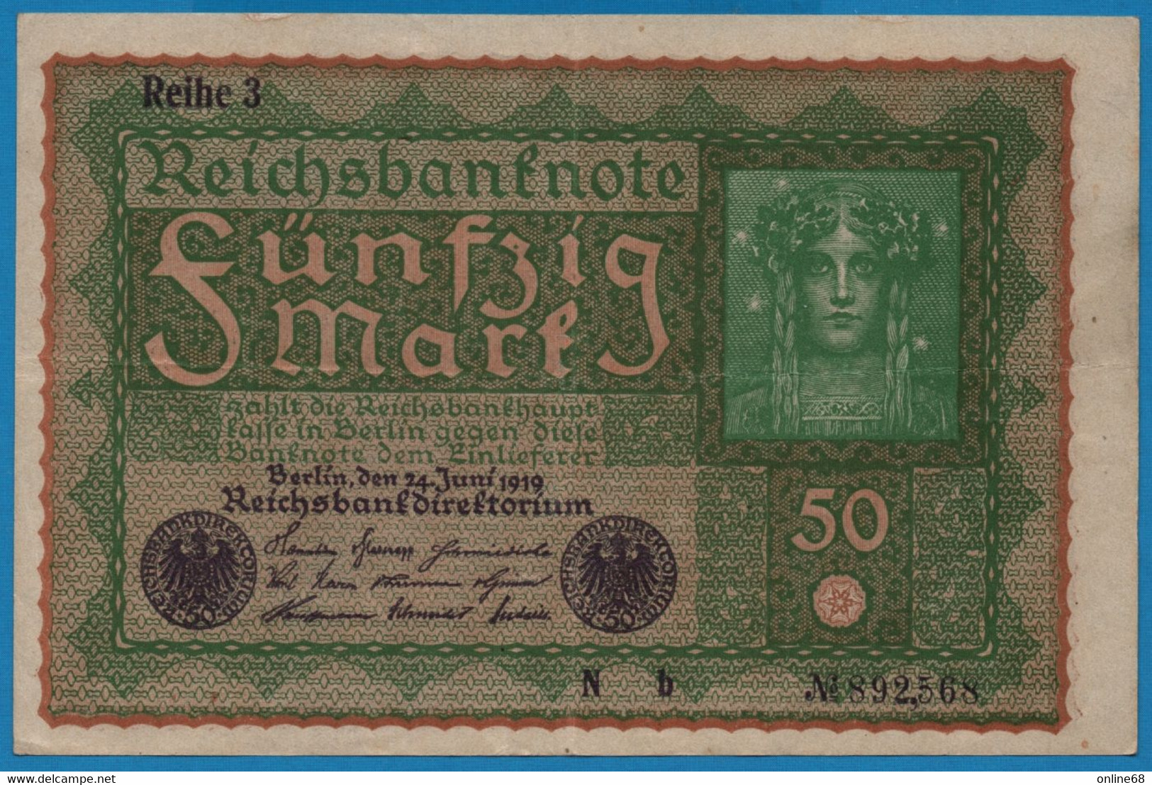 DEUTSCHES REICH 50 Mark  24.06.1919 Série Nb # 892568 P# 66 Reihe 3 - 50 Mark