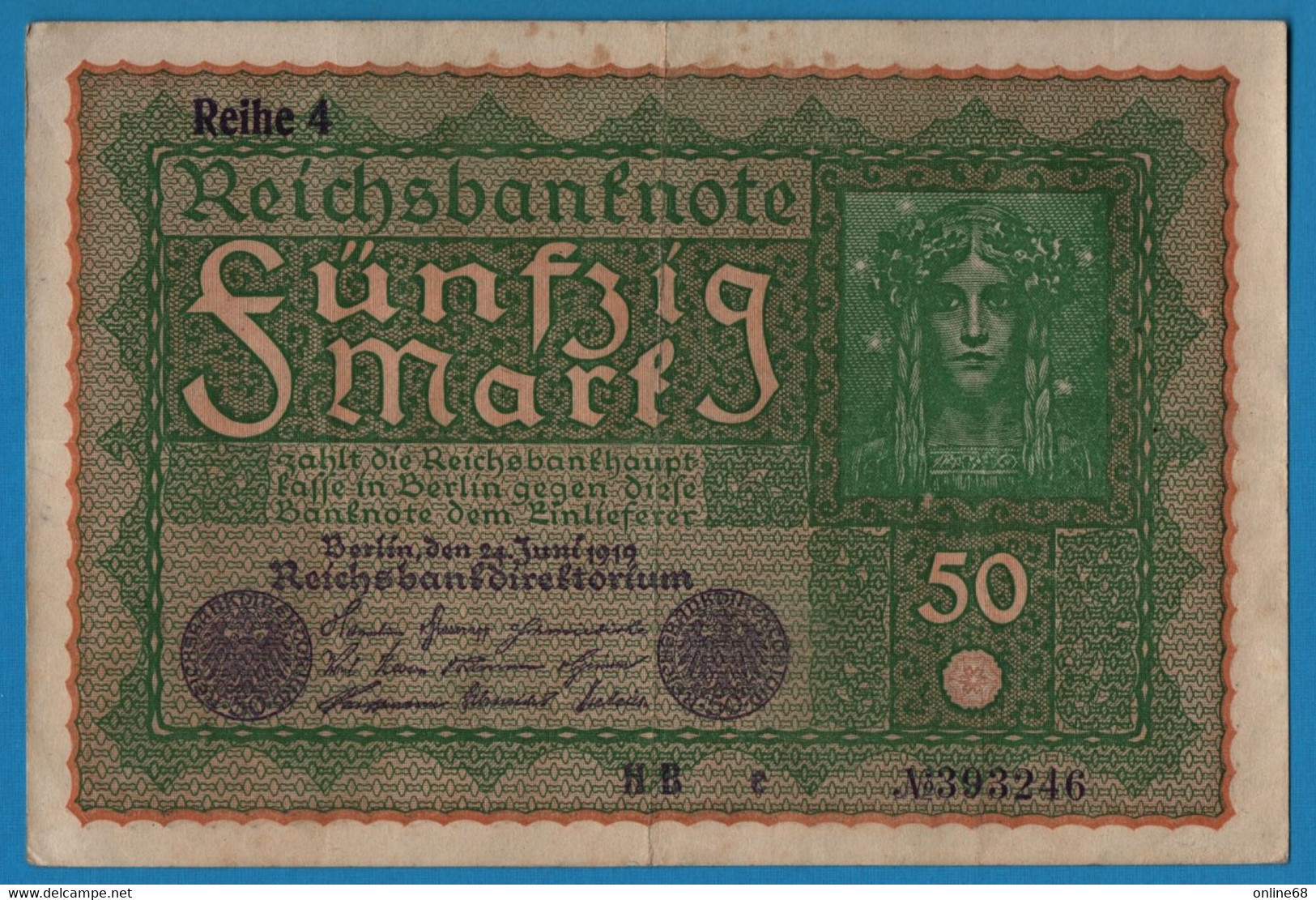 DEUTSCHES REICH 50 Mark  24.06.1919 Série HB E # 393246 P# 66 Reihe 4 - 50 Mark