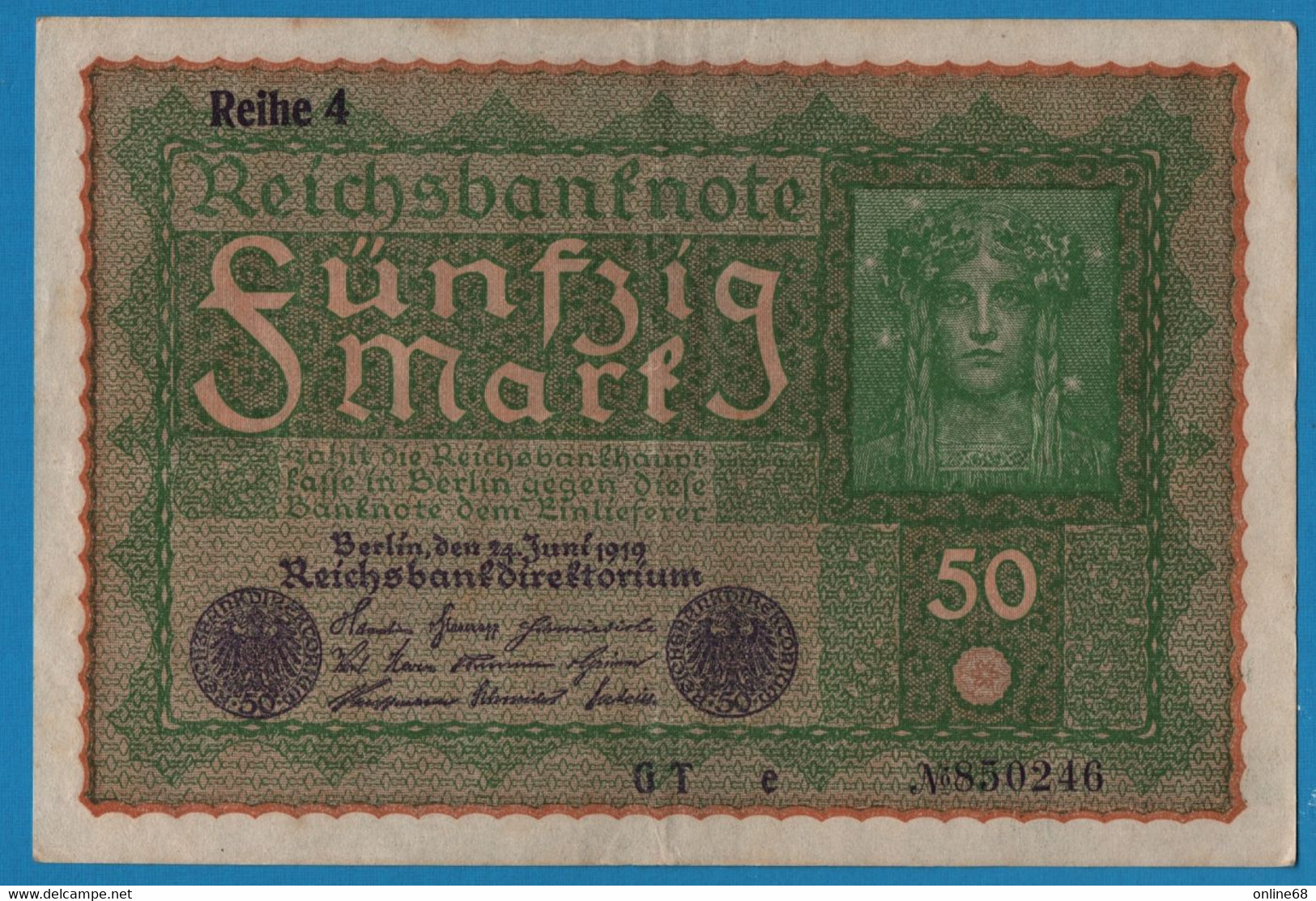 DEUTSCHES REICH 50 Mark  24.06.1919 Série GT E # 850246 P# 66 Reihe 4 - 50 Mark