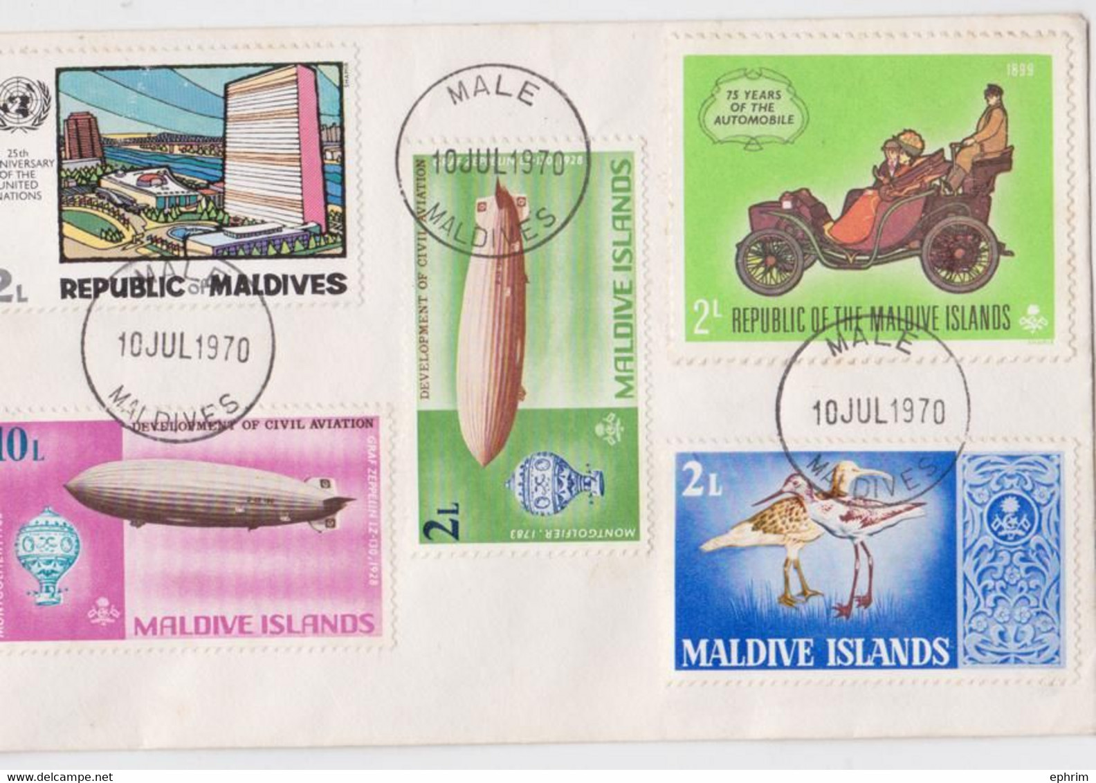 Maldives Enveloppe Philatélique Affranchissement Timbre Zeppelin Oiseau Onu Bird Automobile Stamp Male Cancellation 1970 - Maldivas (1965-...)