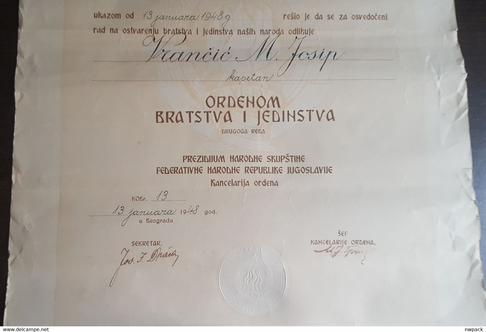 ex Yugoslavia, FNRJ - ORDER OF BROTHERHOOD AND UNITY WITH SILVER WREATH, 2nd Class, Box, with Edict in Tube 1948.