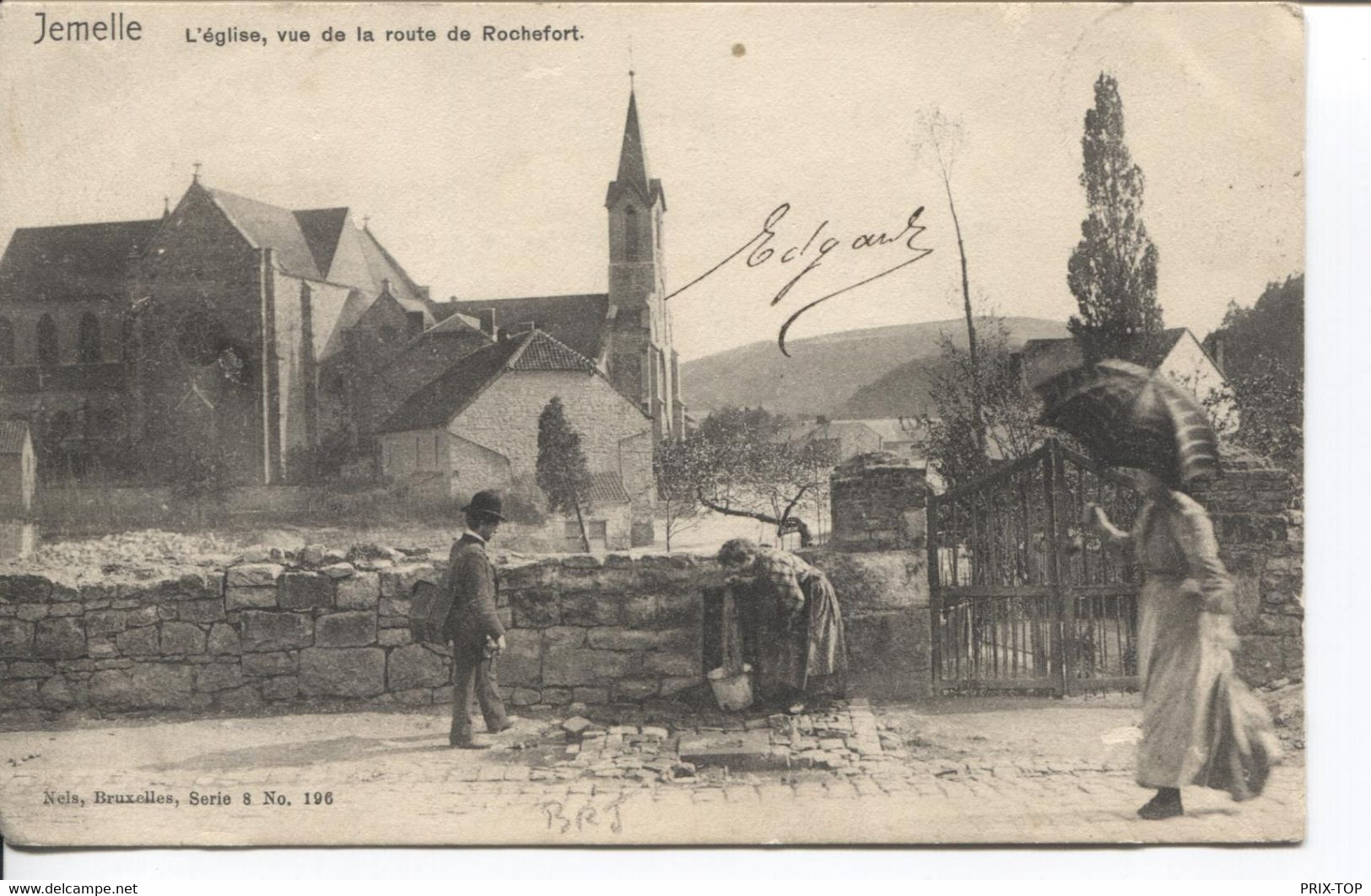 REF2583/ CP-PC Jemelle L'Eglise , Vue De La Route De Rochefort Animée , Fontaine (défaut Noirci) - Rochefort