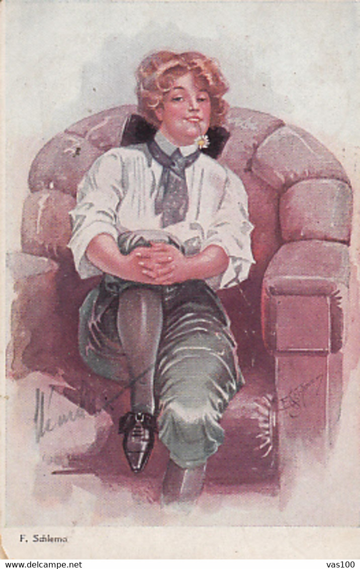 CPA ILLUSTRATIONS, SIGNED, F. SCHLEMO- INTERESTING, YOUNG WOMAN IN ARMCHAIR - Schlemo, F.
