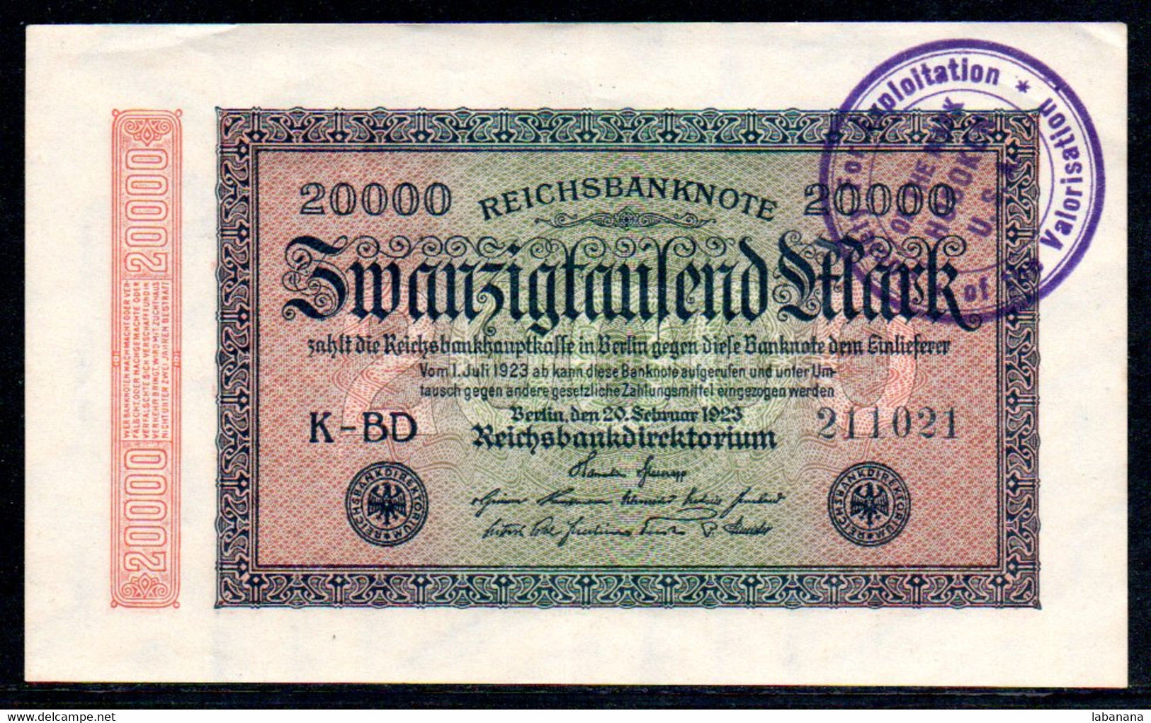 570-Allemagne Billet De 20 000 Mark 1923 K-BD Contremarque USA - 20000 Mark