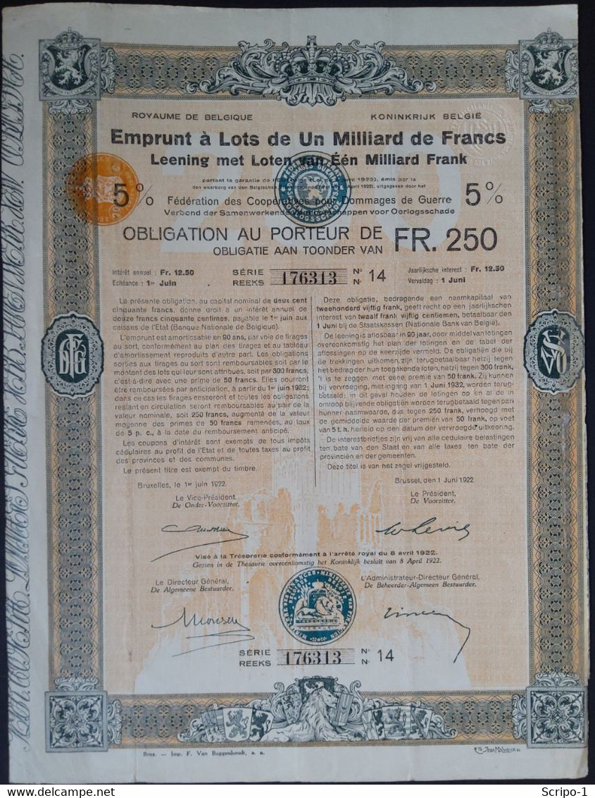 Emprunt A Lots De Un Milliard De Francs 5% Herstel Oorlogsschade 1922 Deco ! - Sonstige & Ohne Zuordnung