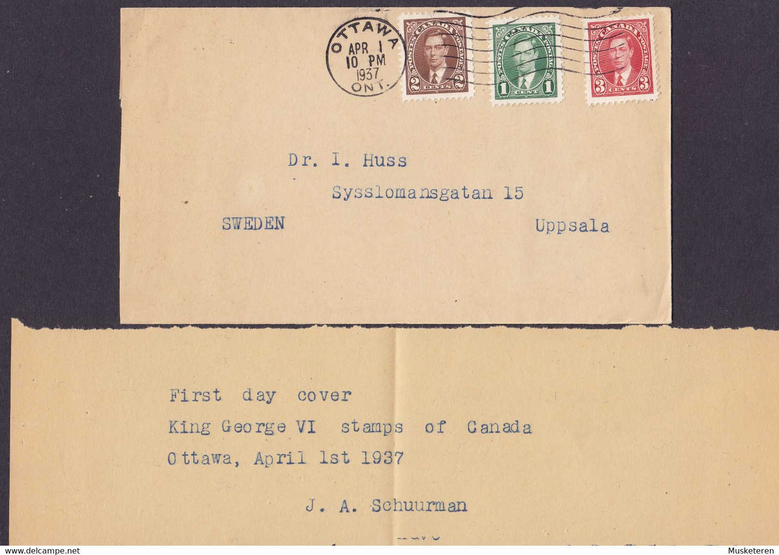 Canada Unofficial OTTAWA Ontario Apr. 1st. 1937 FDC Cover Premier Jour Lettre Sent To UPPSALA Sweden 3x GVI. Stamps - ....-1951