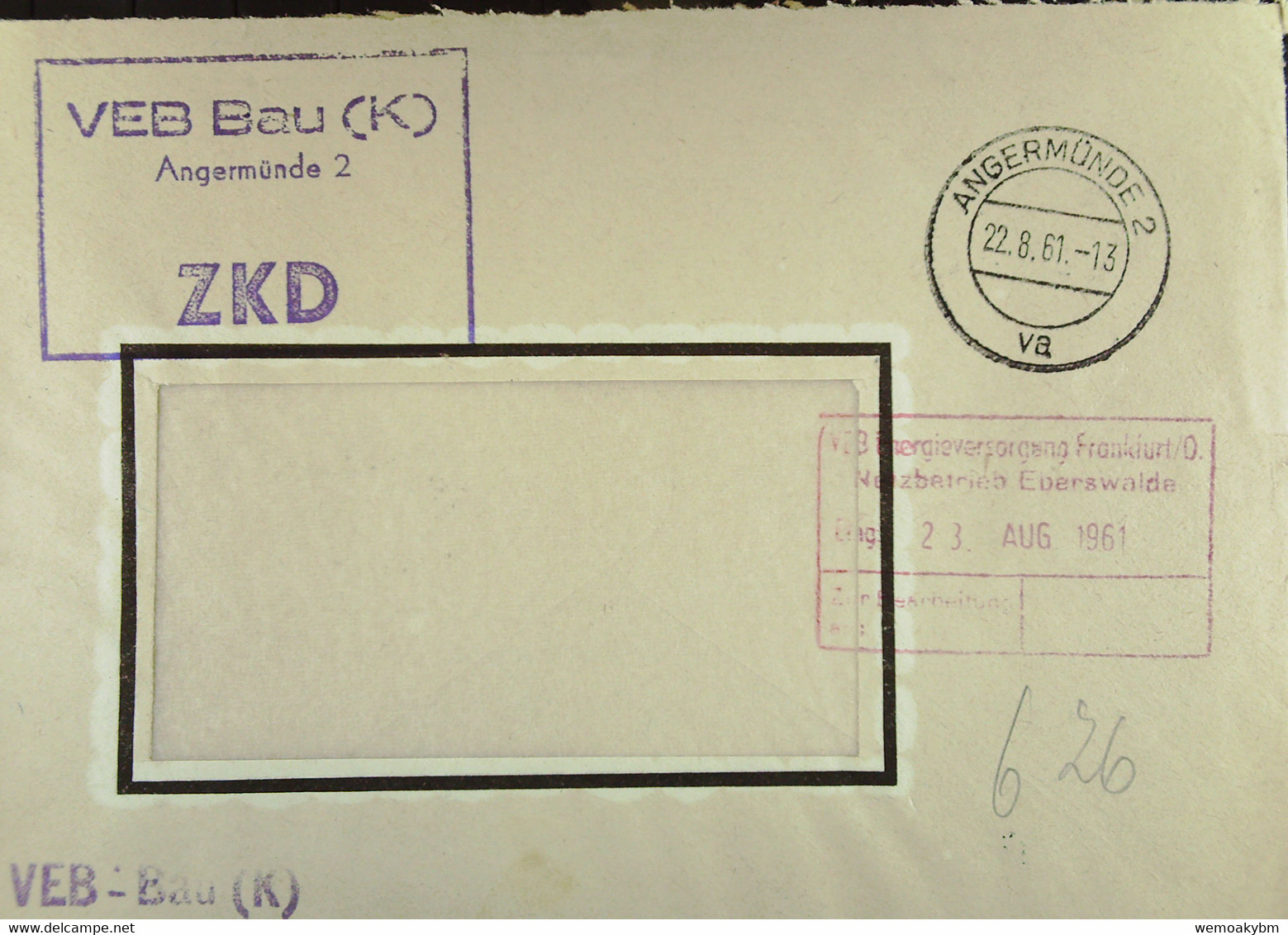 Fern-Brief Mit ZKD-Kastenstempel "VEB Bau (K) Angermünde 2"  22.8.61 Mit Rotem Eing-St. VEB Energieversorgung Eberswalde - Other & Unclassified