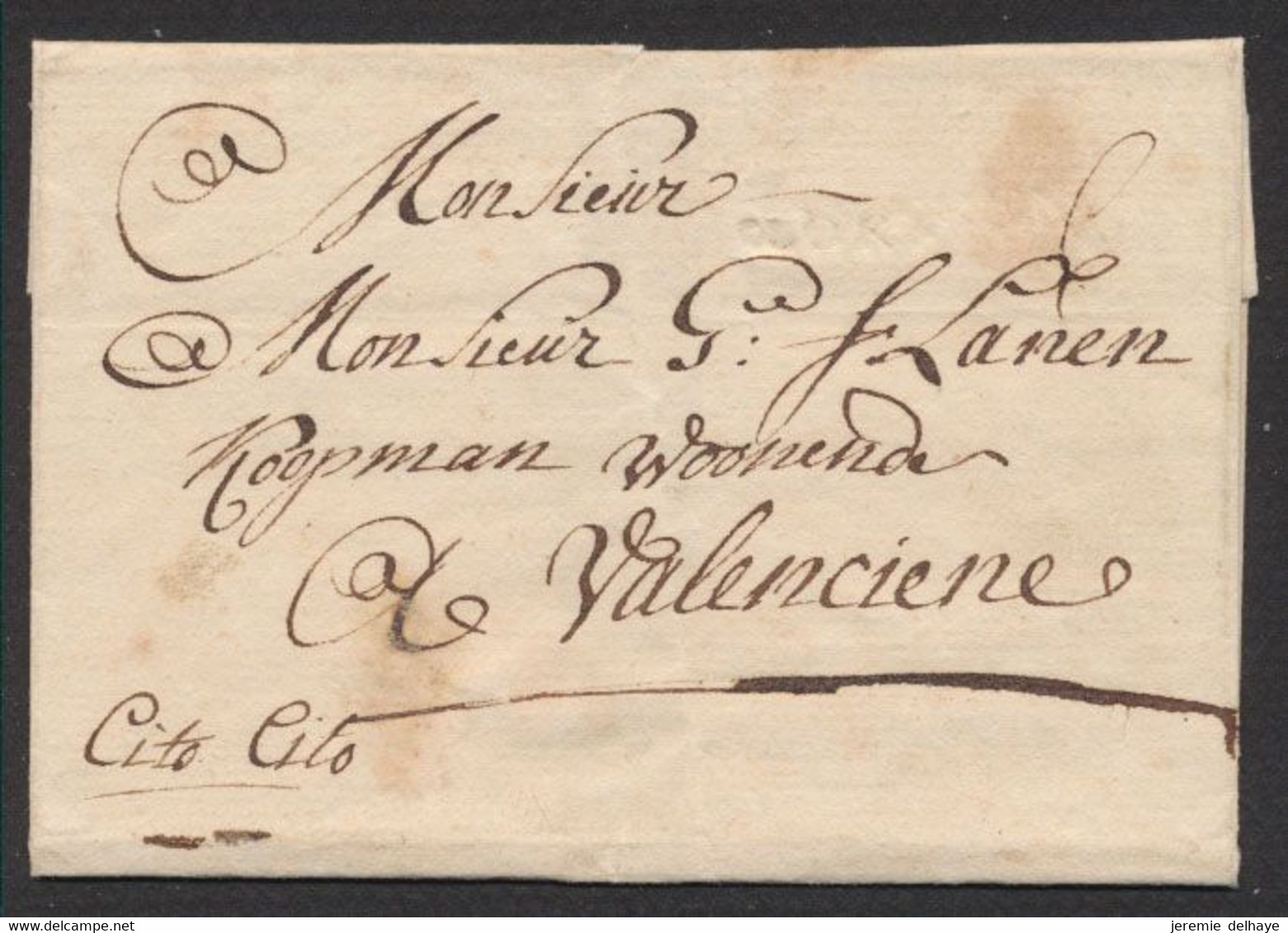 A Examiner - LSC + Cachet En Creux Peu Lisible, Manuscrit "cito Cito" > Coopman à Valenciennes (France). - 1714-1794 (Paises Bajos Austriacos)