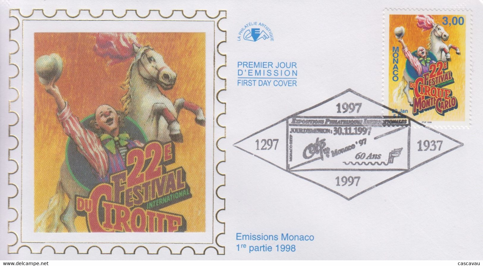 Enveloppe  FDC  1er  Jour   MONACO    22éme  FESTIVAL  INTERNATIONAL  Du  CIRQUE    1997 - Zirkus