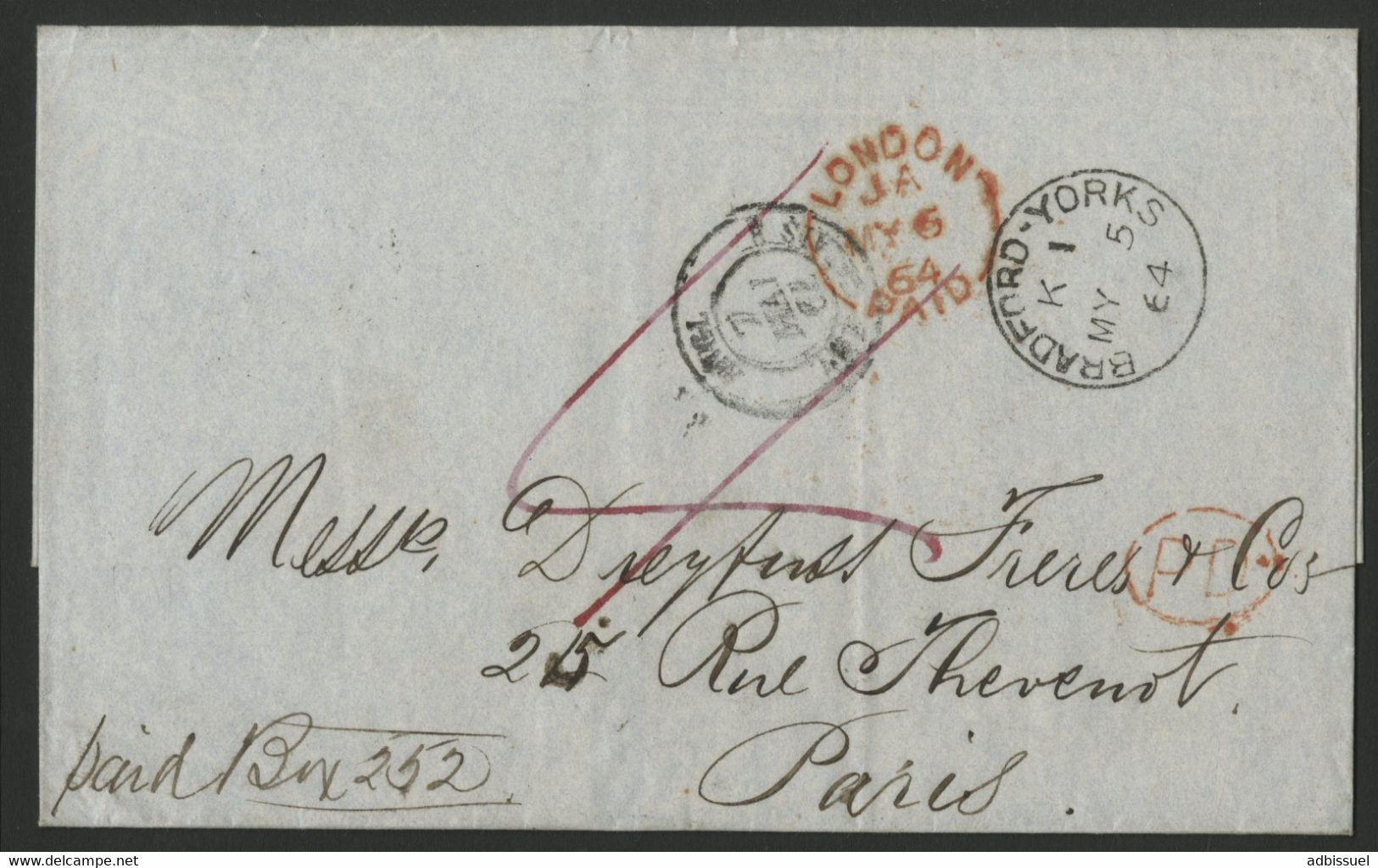 PORT PAYE Pour La FRANCE En 1864 Avec Un Compte Avec La Poste Britannique (voir Description) - Marcofilie