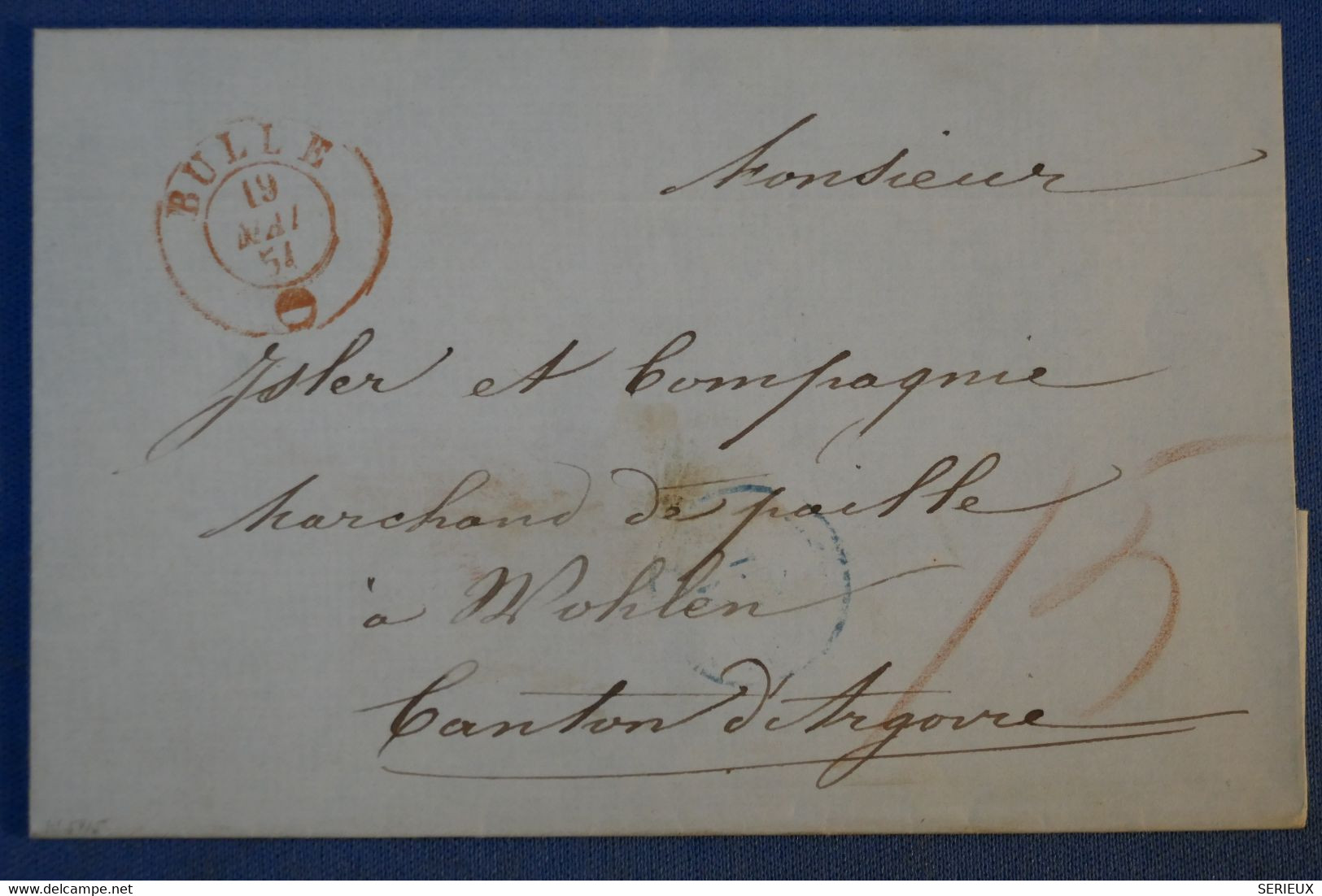 H22 SUISSE BELLE LETTRE 1851 BULLE  POUR UN INDUSTRIEL CONNU DE WOHLEN + TAXE ROUGE MANUSCRITE+AFFRANCH INTERESSANT - ...-1845 Préphilatélie