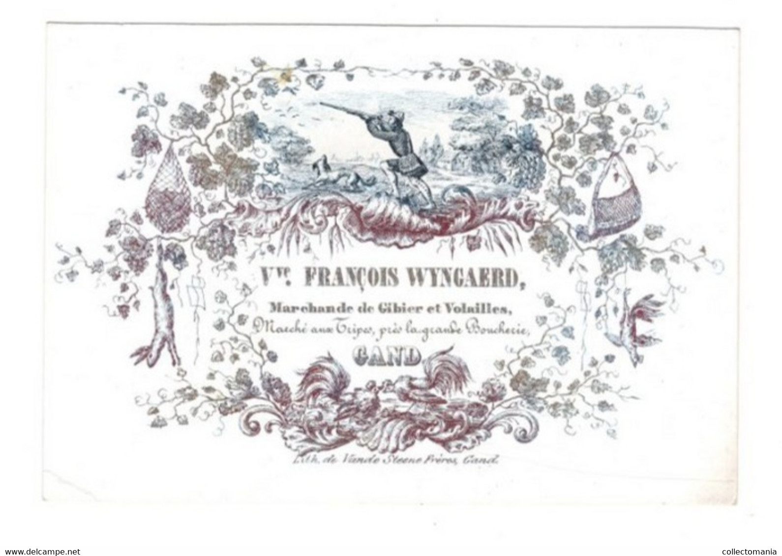 1 Carte Visite Vve Fr. Wyngaerd Marchande De Gibier Et Volailles Marché Aux Tripes,  Gand Chasse Combat De Coqs   12x8cm - Porcelaine