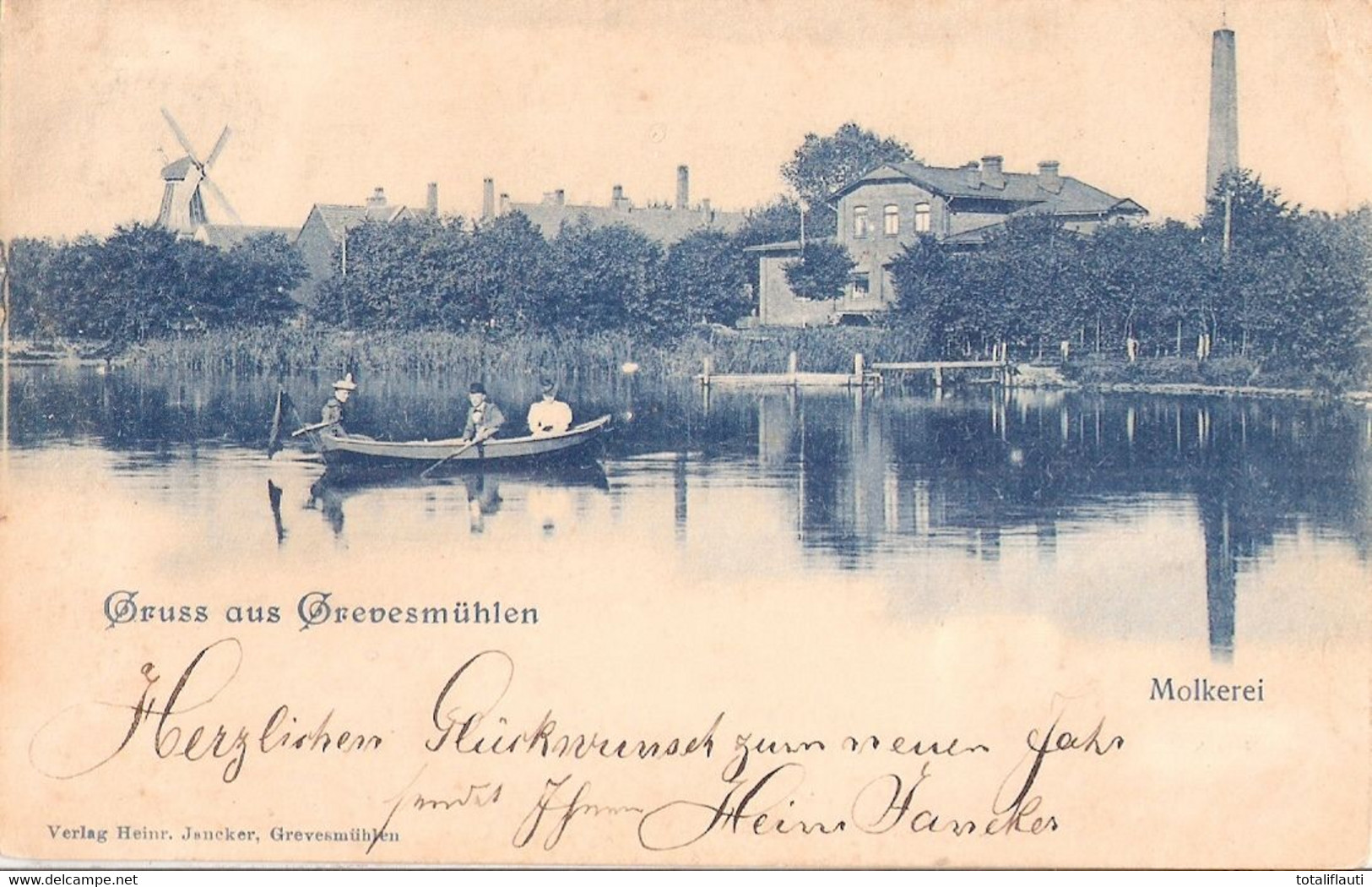 GREVESMÜHLEN Blaudruck Molkerei Windmühle Herr Mit 2 Damen Hochmodisch Im Ruderboot Gelaufen 31.12.1899 - Grevesmuehlen