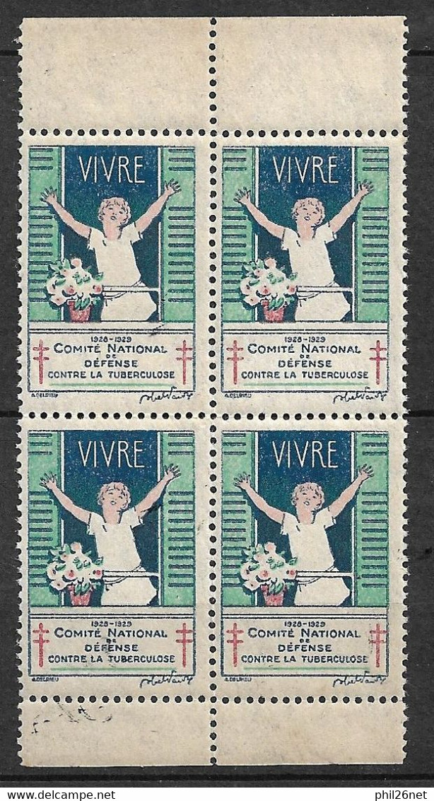 Vignette  "contre La Tuberculose" 1928-1929 Vivre   Bloc De 4 Neufs * * B/ TB    Le Moins Cher Du Site ! ! ! - Antituberculeux