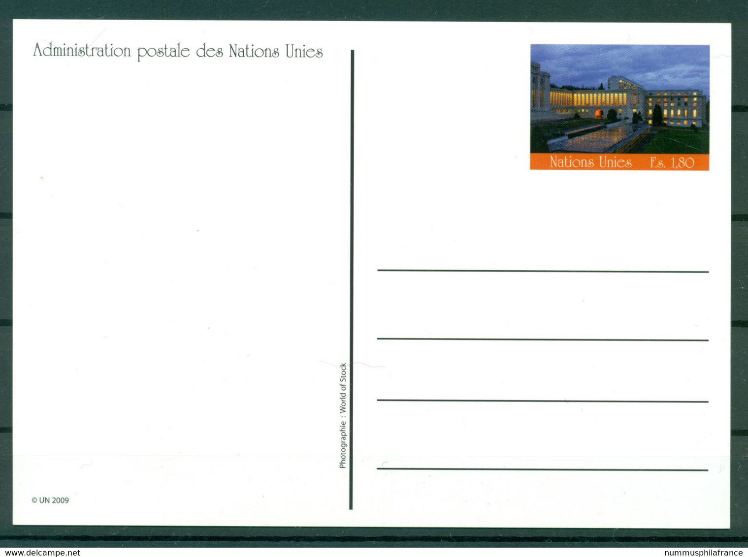 Nations Unies Genève  2009 - Entier Postal  F.s. 1,80 - Lettres & Documents