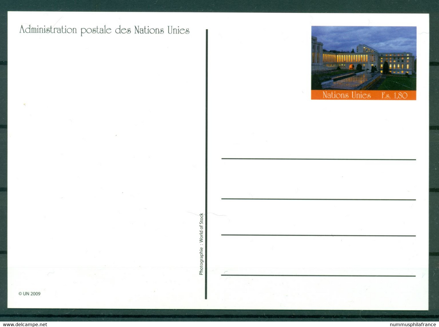 Nations Unies Genève  2009 - Entier Postal  F.s. 1,80 - Covers & Documents