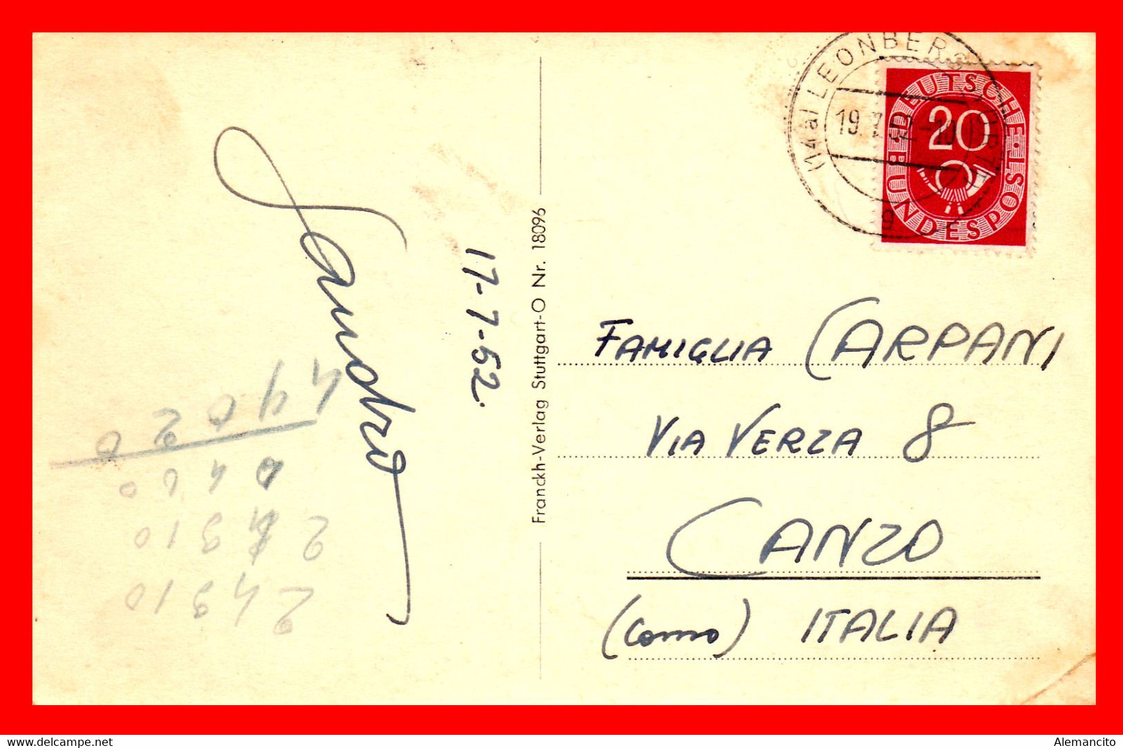 ALEMANIA TARGETA POSTAL BADEN WUTERBERG - LEONBERG.AÑO 1952 CON SELLO Y MATASELLO DE LEONBERG - Leonberg