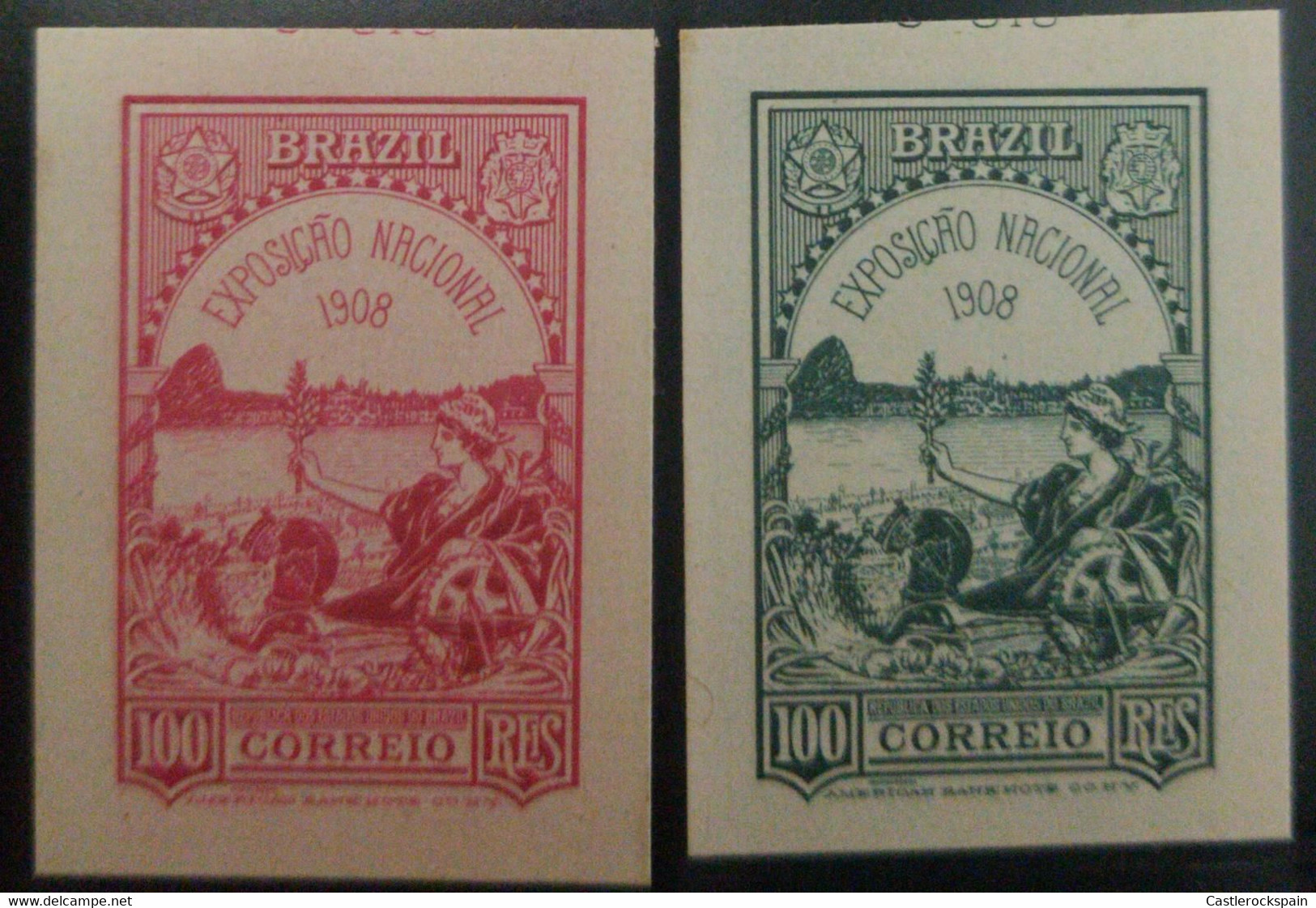 O) 1908 BRAZIL DIE PROOF, ALLEGORICAL EMBLEMS LIBERTY PEACE 100  Reales . AMERICA N BANK NOTE - Nuovi