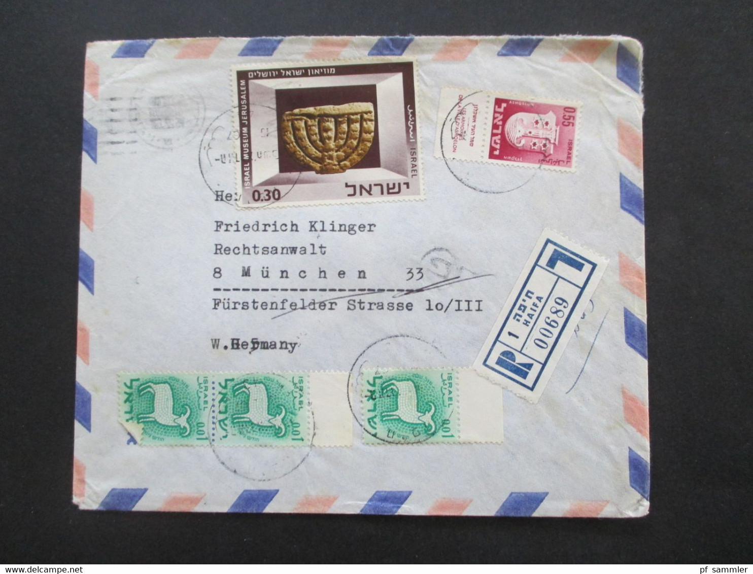 Israel 1967 Air Mail Luftpostbrief Einschreiben Haifa - München Marke Vom Rand! Rückseitig 2 Stempel. Dr. O. Robinson Ad - Storia Postale