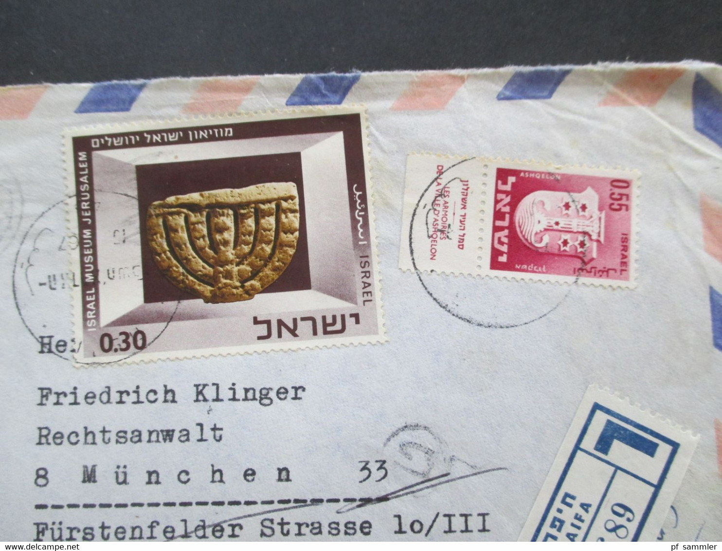 Israel 1967 Air Mail Luftpostbrief Einschreiben Haifa - München Marke Vom Rand! Rückseitig 2 Stempel. Dr. O. Robinson Ad - Brieven En Documenten