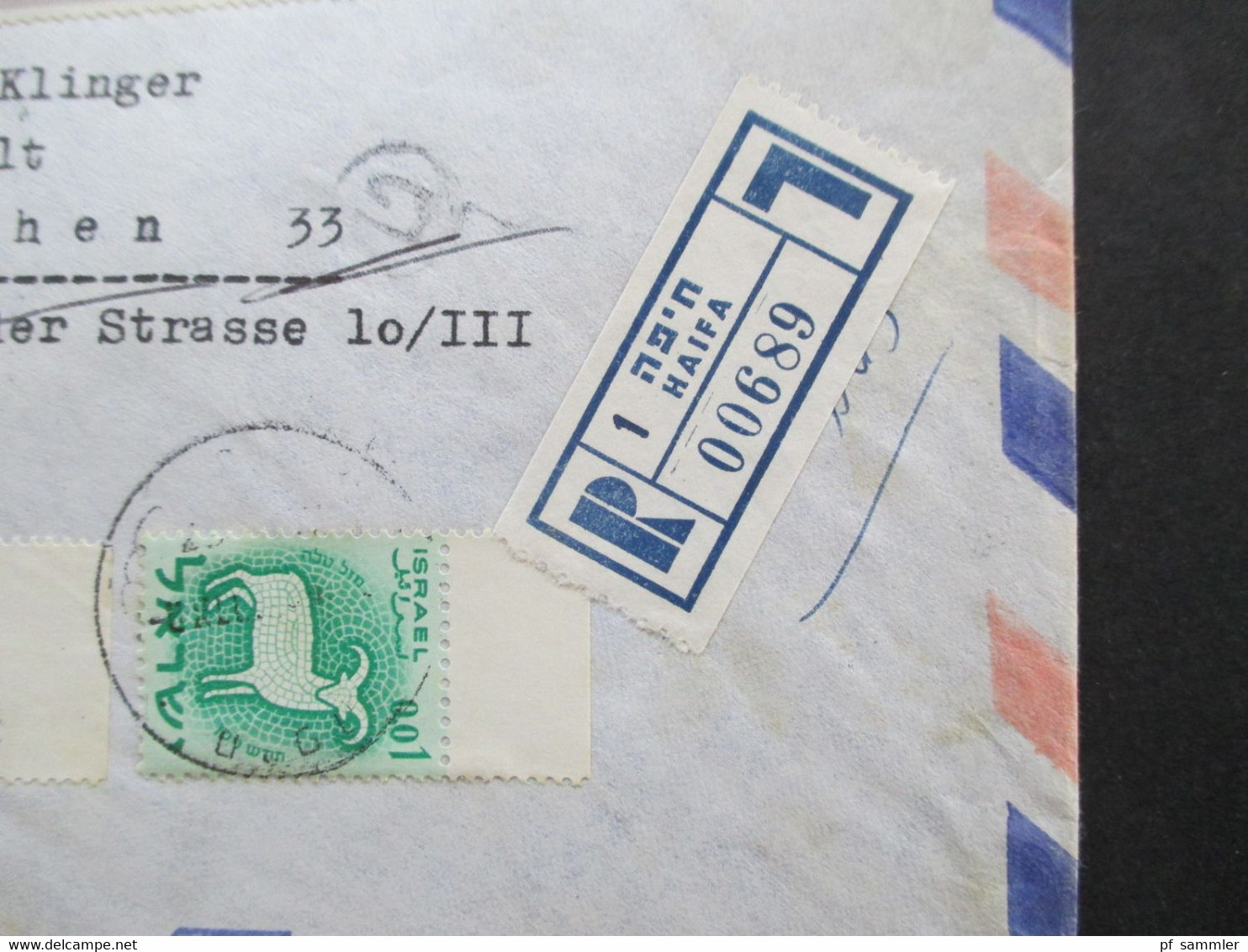 Israel 1967 Air Mail Luftpostbrief Einschreiben Haifa - München Marke Vom Rand! Rückseitig 2 Stempel. Dr. O. Robinson Ad - Brieven En Documenten