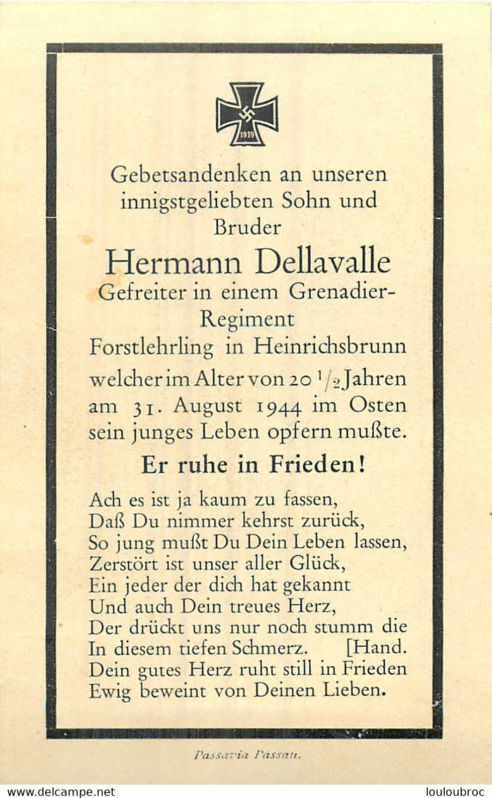 MEMENTO FAIRE PART DE DECES SOLDAT ALLEMAND HERMANN DELLAVALLE MORT LE 31 AOUT 1944 - Obituary Notices