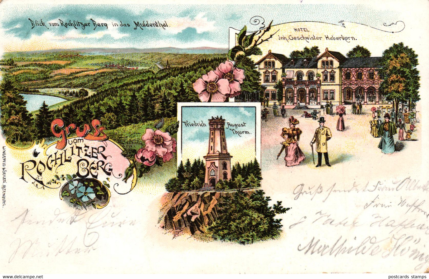 Rochlitzer Berg, Farb-Litho Mit Hotel Geschwister Haberkorn, 1901 Nach Lausigk Versandt - Rochlitz