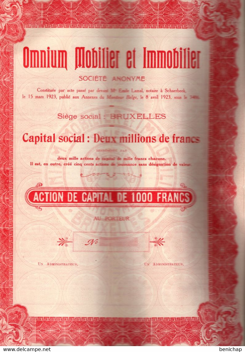 Action De Capital De 1000 Frcs Au Porteur - Omnium Mobilier Et Immobilier S.A. - BRUXELLES 1923 - UNC. - Banque & Assurance