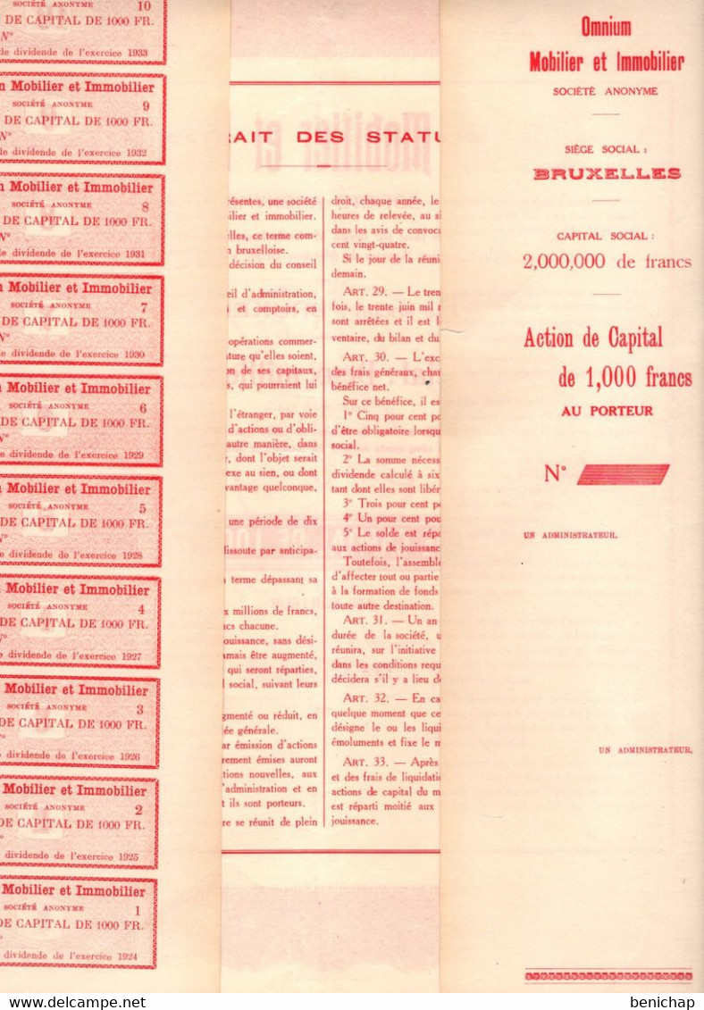 Action De Capital De 1000 Frcs Au Porteur - Omnium Mobilier Et Immobilier S.A. - BRUXELLES 1923 - UNC. - Banque & Assurance