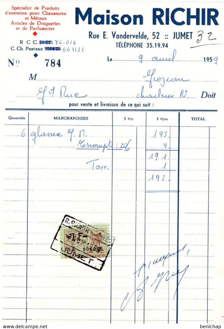 Spécialiste De Produits D'Entretien Pour Chaussures Et Métaux - Droguerie - Maison RICHIR - JUMET 1959. - Perfumería & Droguería