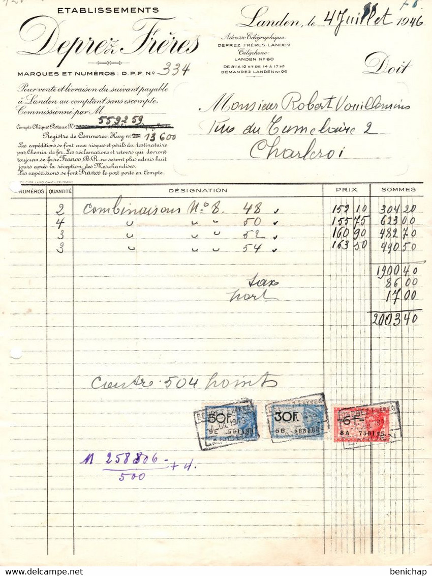 Textile Vestimentaires Deprez Frères - Landen 1946. - Textile & Vestimentaire