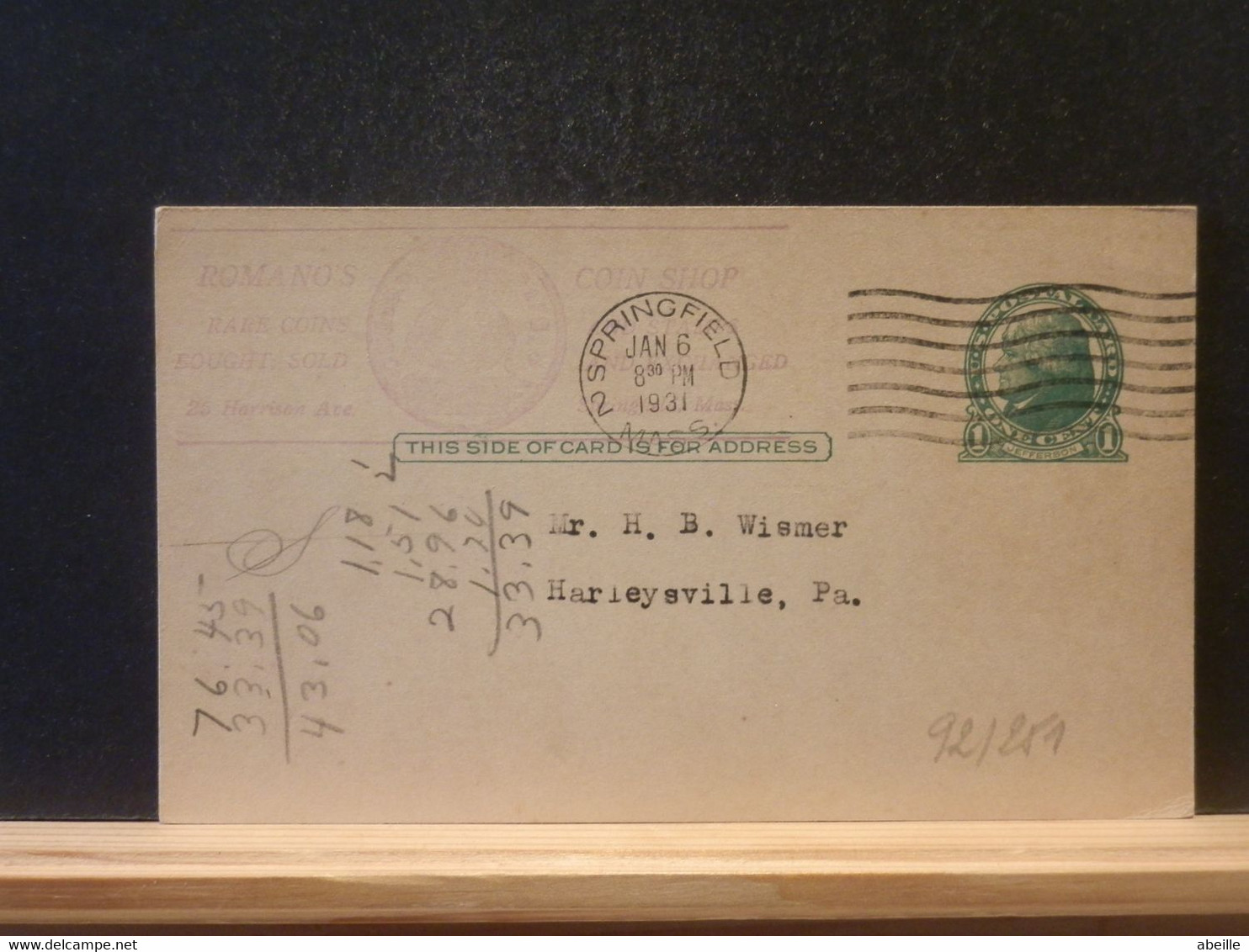 92/251 POSTAL CARD  PIQUAGE VERSO - 1921-40