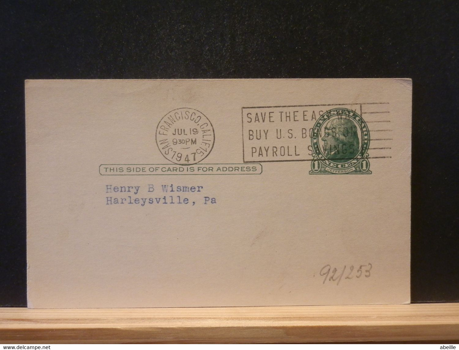 92/253 POSTAL CARD  PIQUAGE VERSO - 1921-40