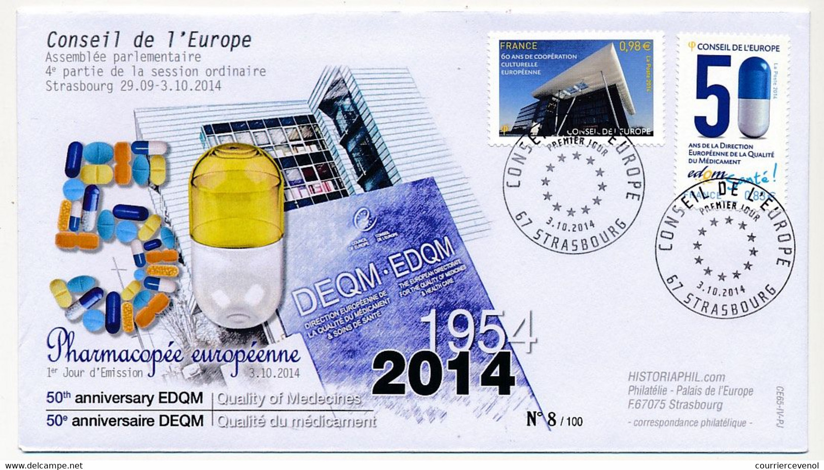 FRANCE - Env Affr Conseil Europe 2018 - Premier Jour D'Emission - Strasbourg - 3/10/2014 - Lettres & Documents