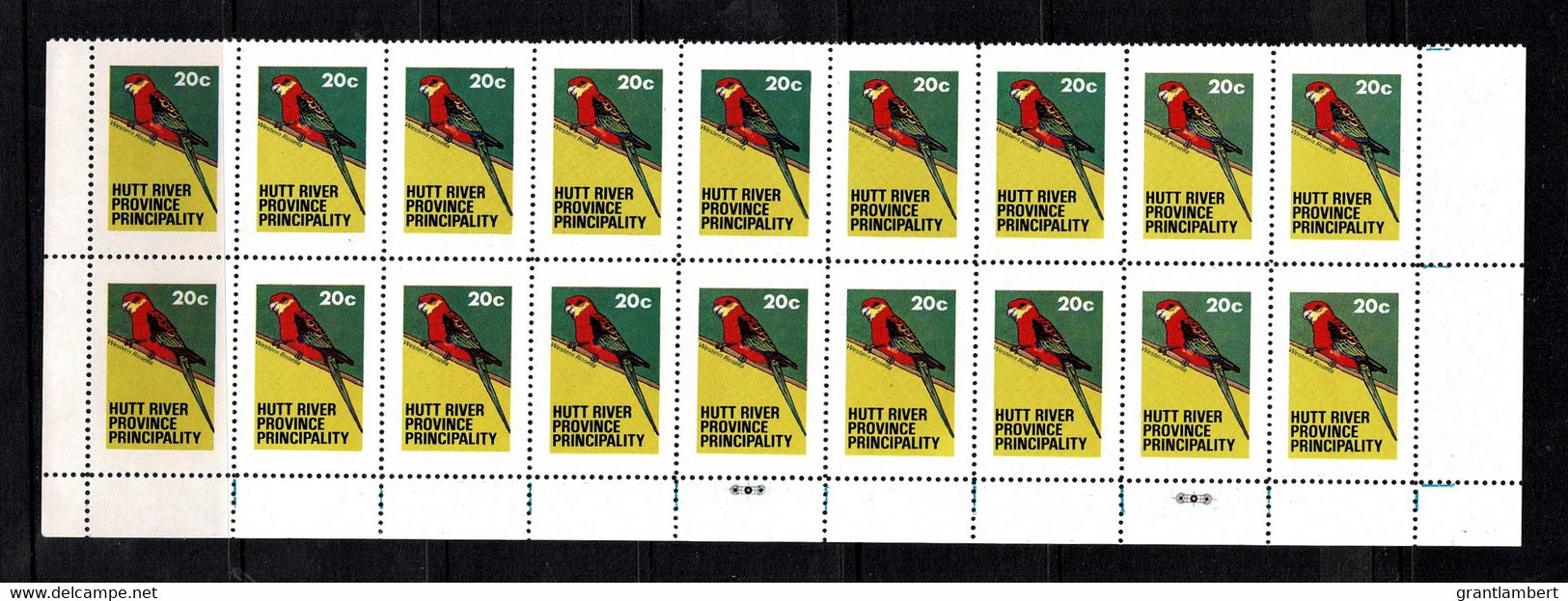 Hutt River Province 1979 Birds 20c Western Rosella Base Block Of 18 MNH - Cinderellas