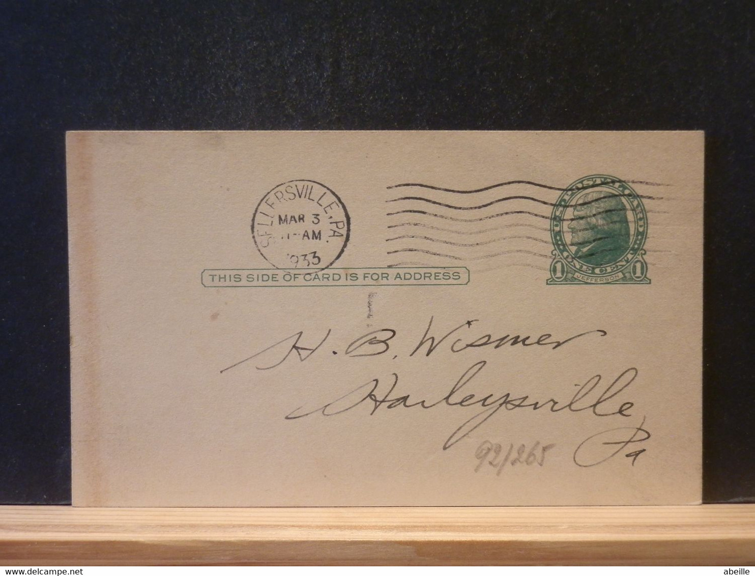 92/265 POSTAL CARD  PIQUAGE VERSO 1933 - 1921-40