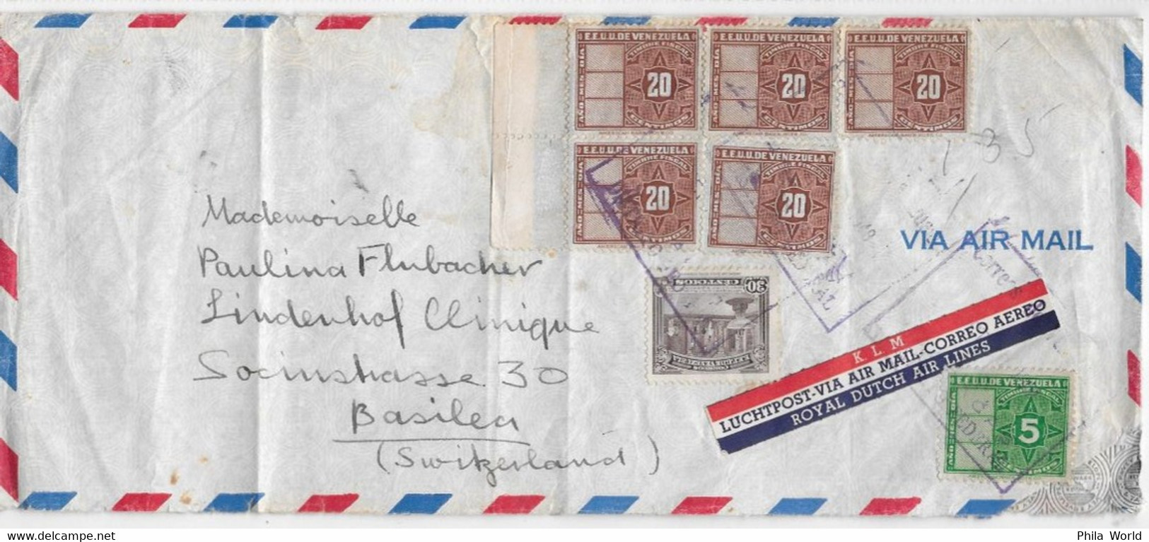 KLM  - 1948 - VENEZUELA Air Mail Cover To SWITZERLAND + Luchtpost Par Avion Air Mail LABEL Royal Dutch Air Lines - Flugzeuge