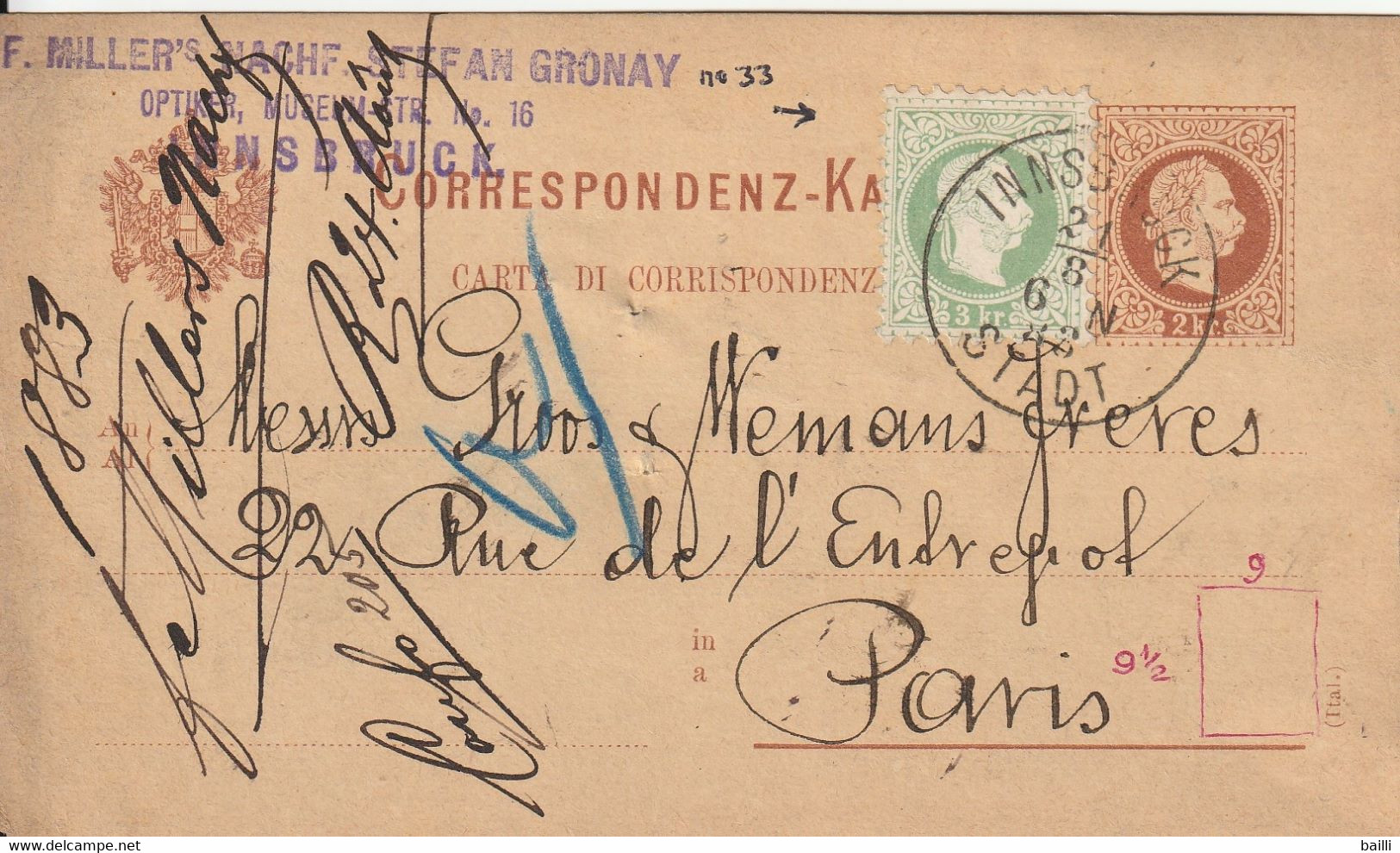 Autriche Entier Postal Innsbruck Pour La France 1883 - Otros & Sin Clasificación