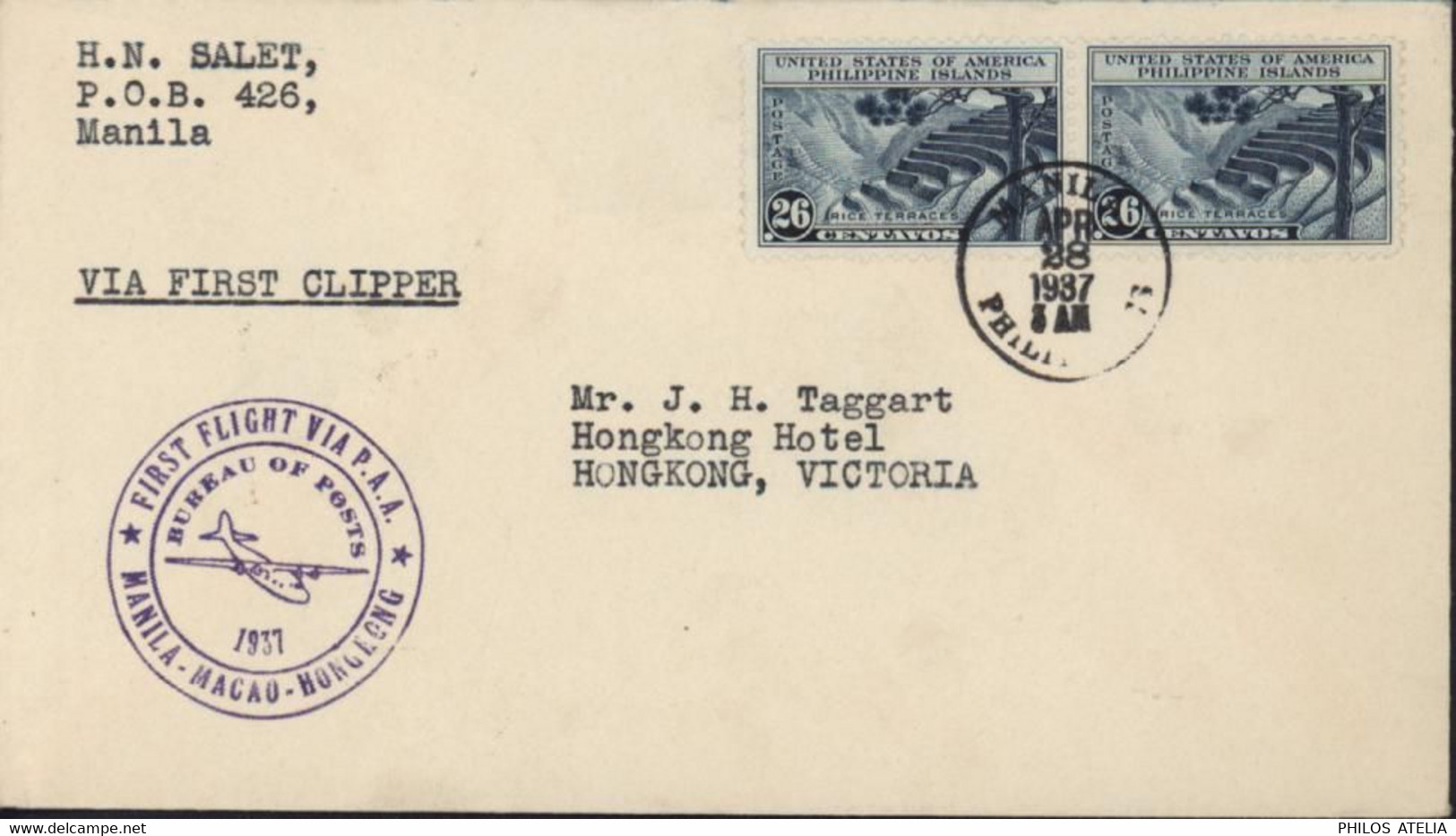 USA Philippine Islands YT 255 X2 CAD Manila 28 Apr 37 First Flight Via P.A.A Manila Macao Hong Kong Bureau Of Posts 1937 - Philippinen