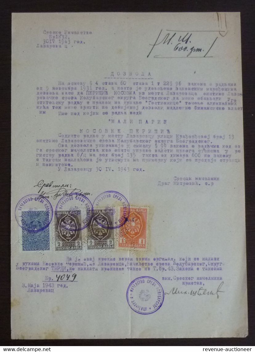 Serbia 1943 Germany WWII Lazarevac 4 Revenue Stamps - General Issue - On Document  C8 - Non Classés