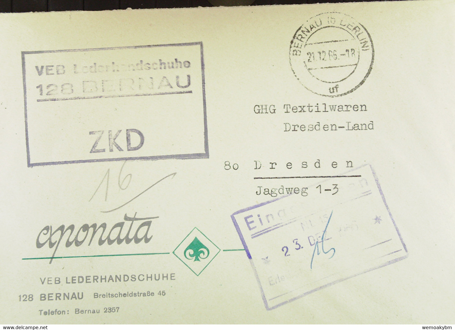 Fern-Brief Mit ZKD-Kastenst. "VEB Lederhandschuhe 128 BERNAU" Vom 21.12.66 Nach GHG Textilwaren Dresden-Land Mit EingSt - Lettres & Documents