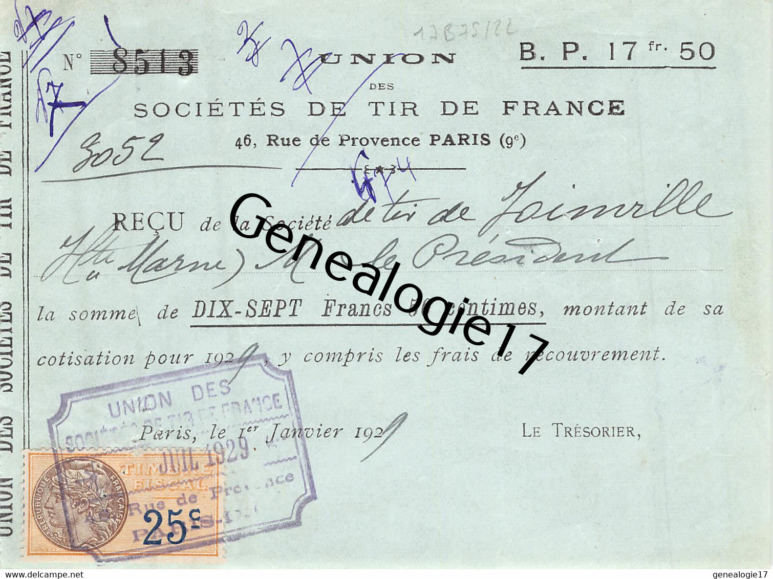 75 22452 PARIS SEINE 1929 SOCIETES DE TIR DE FRANCE ( Arme Armes ) Rue De Provence SOCIETE DE JOINVILLE HAUTE MARNE - Tiro Al Arco